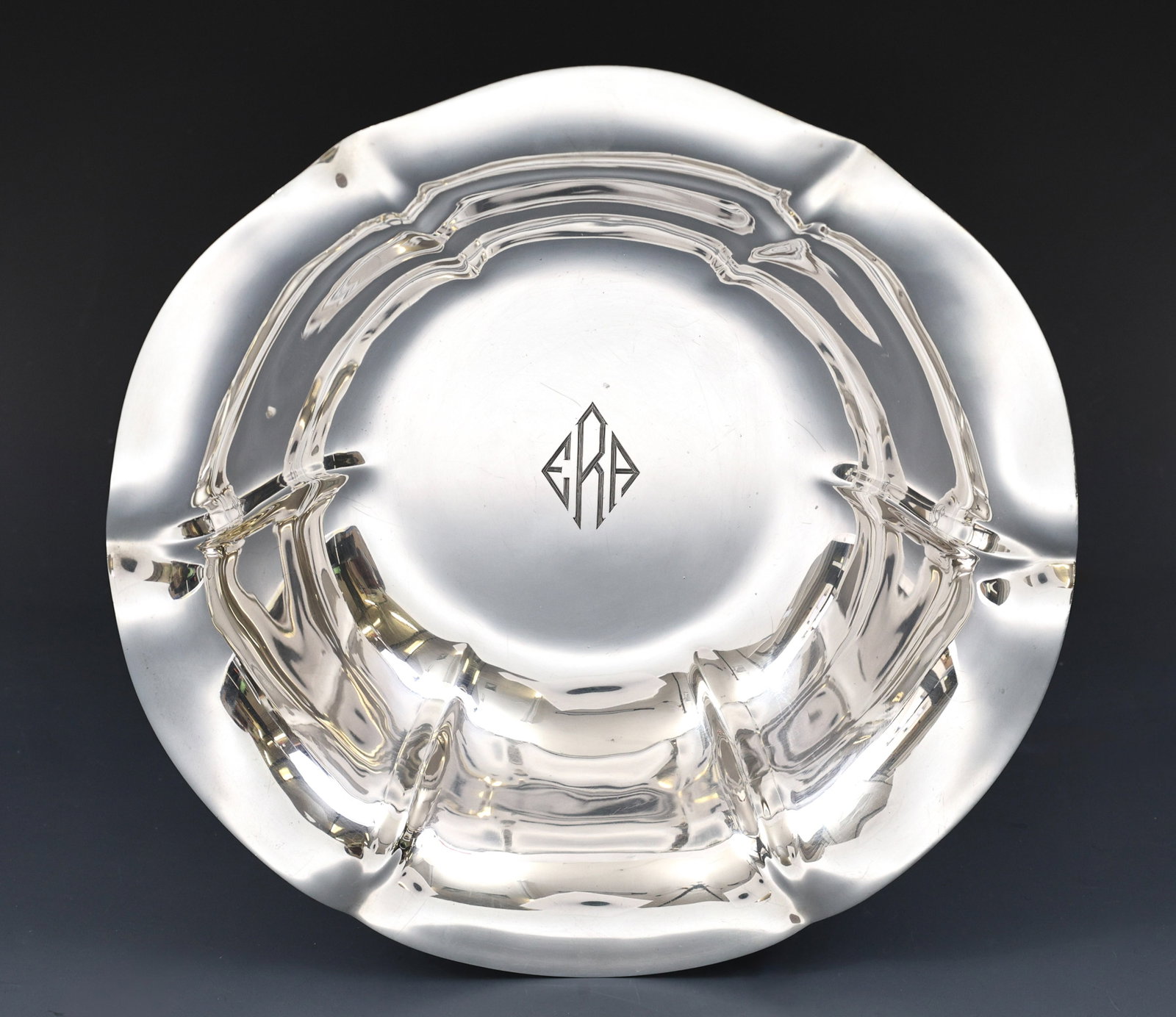 Reed and Barton "Salem" Sterling Silver Serving Bowl: American sterling silver scalloped serving bowl, with a 1946 date mark. Monogrammed. 2.25"h x 9"w, and 16.05 ozt