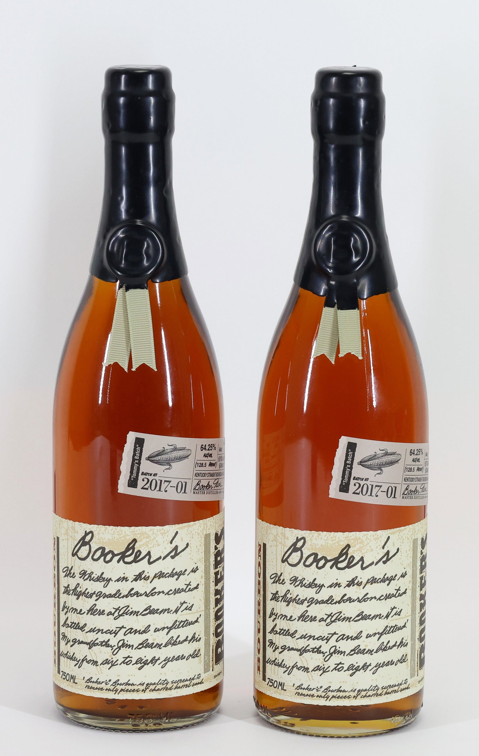 Booker's Bourbon Batch 2017-01 "Tommy's Batch" Small Batch Kentucky Bourbon Whiskey: Booker's Bourbon Batch 2017-01, "Tommy's Batch." (2) 750 ml bottles from the first of four batches released in Booker's 2017 Collection. Named in honor of Tommy Crume, a longtime colleague and friend