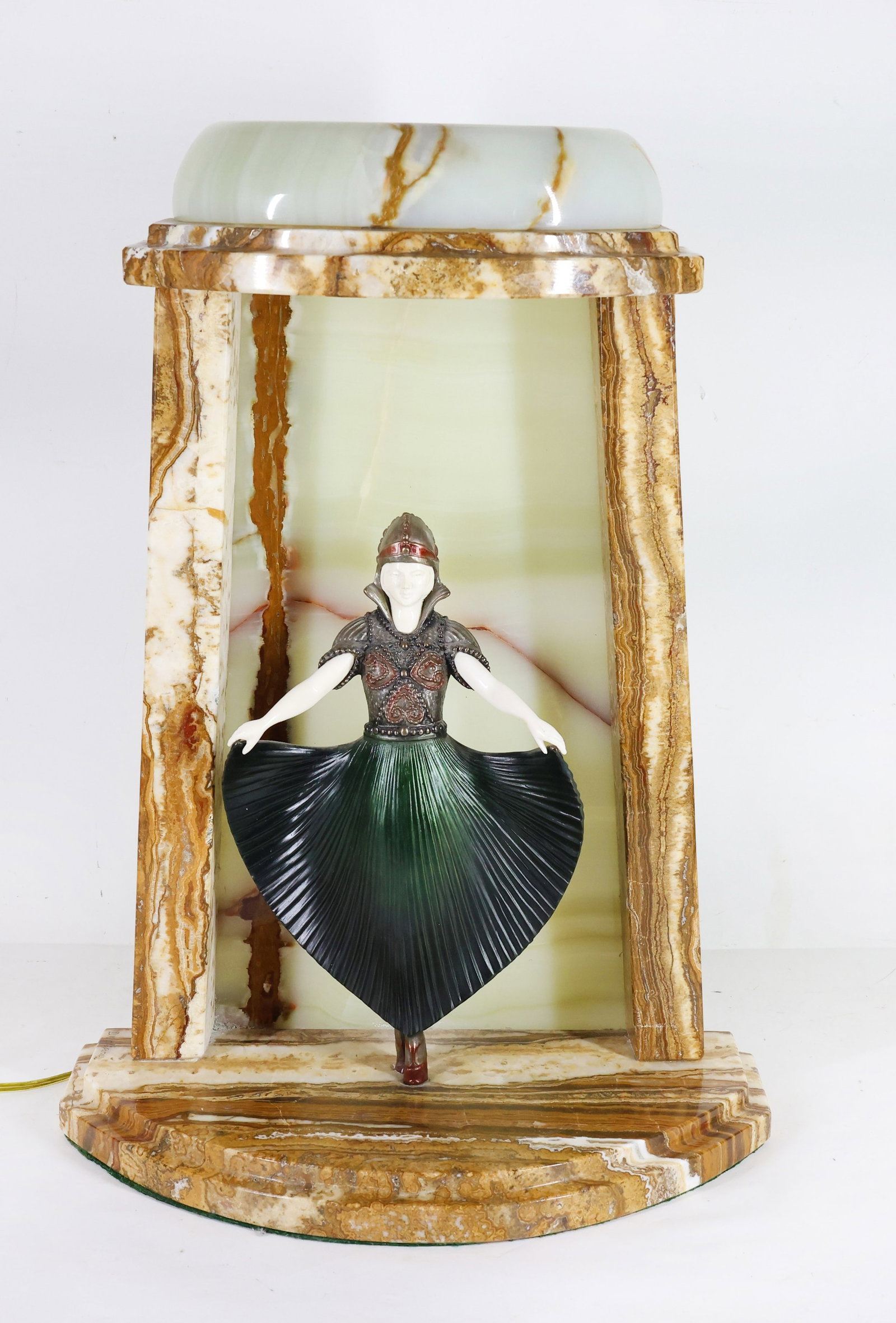 Sculptural Lamp After Demetre Chiparus: Art Deco Revival sculptural lamp featuring "Actrice (Actress)", made from bronze patinated white metal and imitation natural materials, set in an onyx frame in the form of a stage with two lights,
