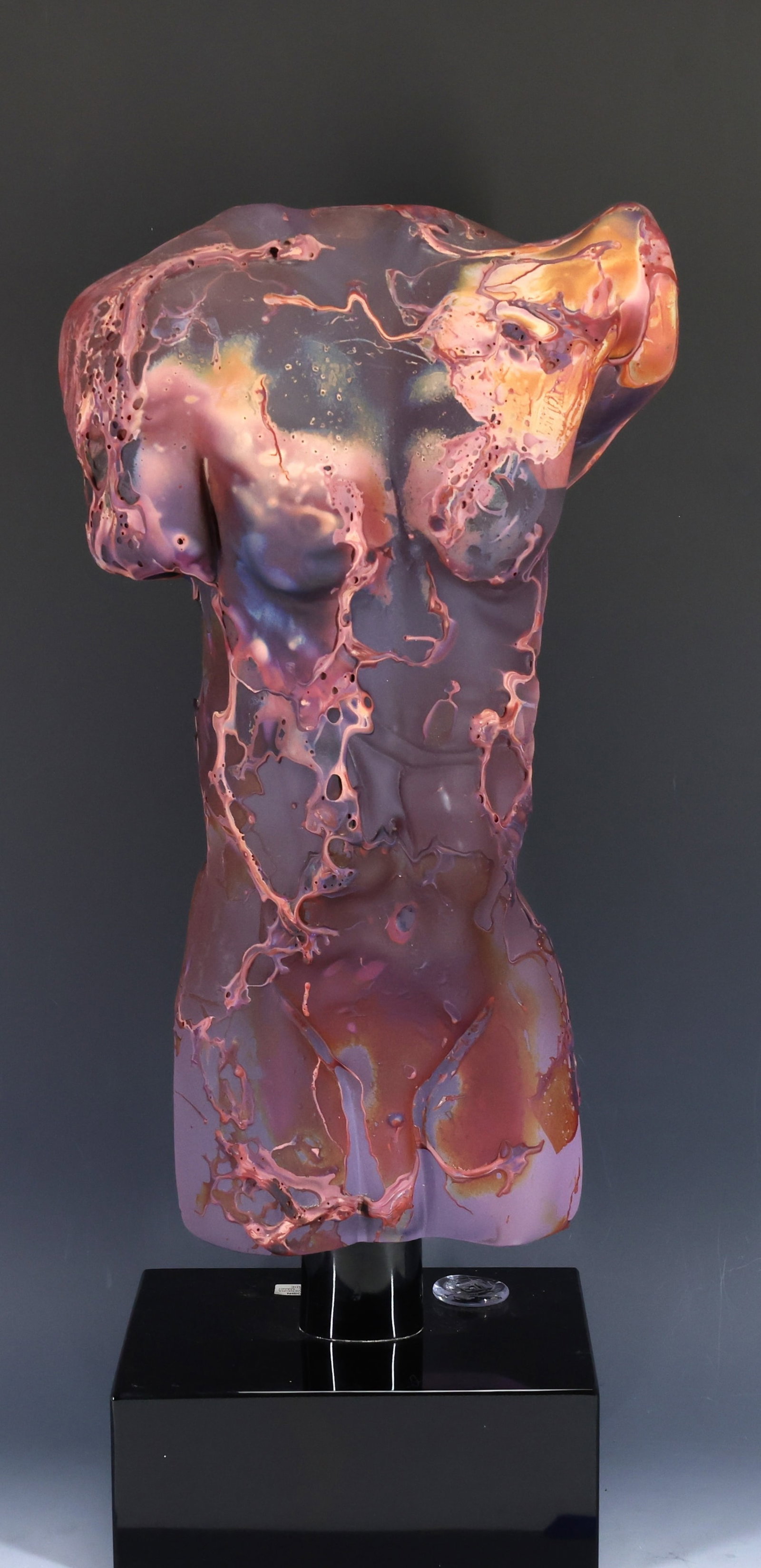 Dino Rosin (1948 - 2020): Italian blown glass sculpture, "Adonis", a nude male torso, frosted and calcedonio with a textured matte finish, on a black glass stand. The stand is signed by the artist and also features an applied