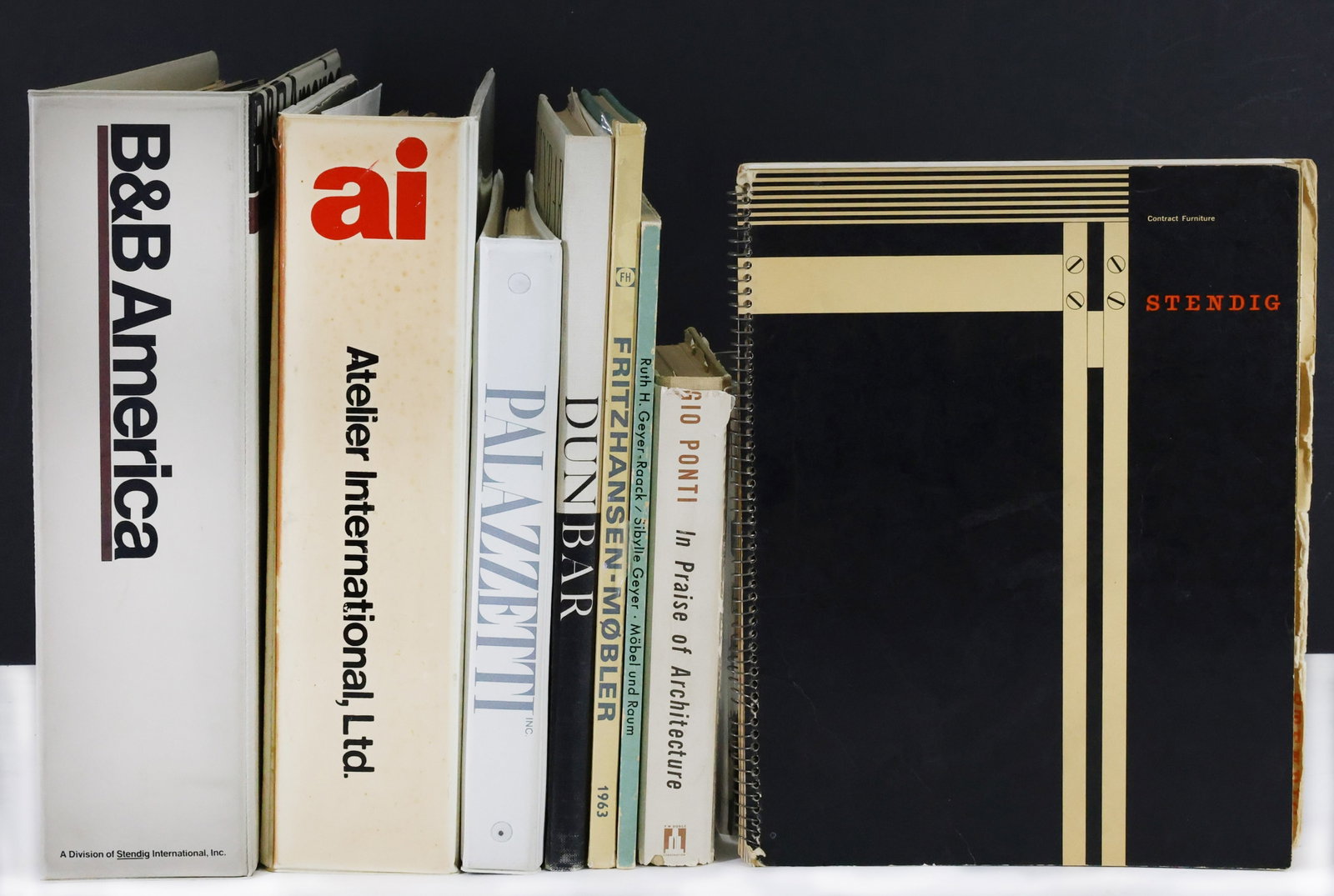 MCM Furniture Catalogs and Ephemera: Archive of vintage furniture catalogs and reference binders with spec sheets and swatches for Stendig, Atelier International, Fritz Hansen Mobler, B&B, Dunbar, and Palazzetti, along with the interior