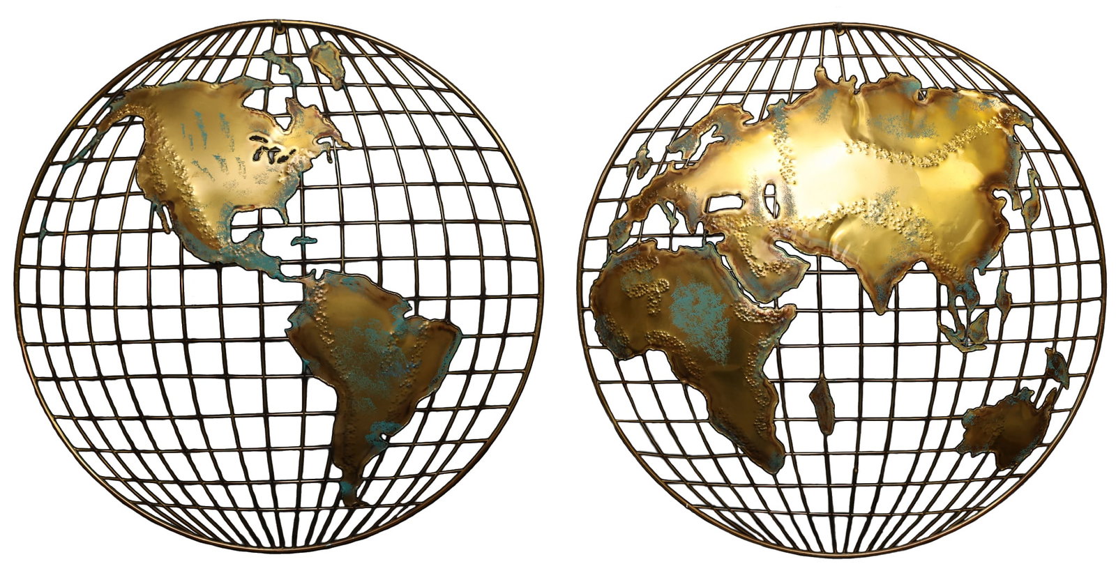 Curtis Jere Globe Wall Sculptures: Wall sculpture in two parts depicting the east and west hemispheres, torch cut brass on steel lattice with blue-green patina accents. No marking noted. (2) pieces. 27"h x 27"w