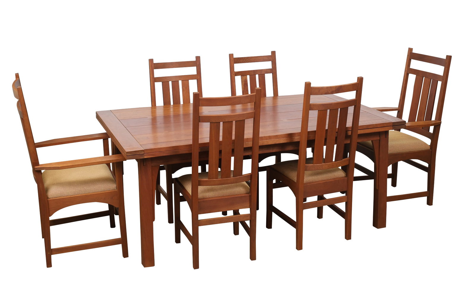 Stickley Mission Cherry Collection Dining Suite: Draw Top Table No. 91-789 with butterfly inlay on tenon through constructed on straight legs 29.5"h x 72"w x 42"d with 21"d slide-out extension leaves to each end. (6) Harvey Ellis peg constructed din