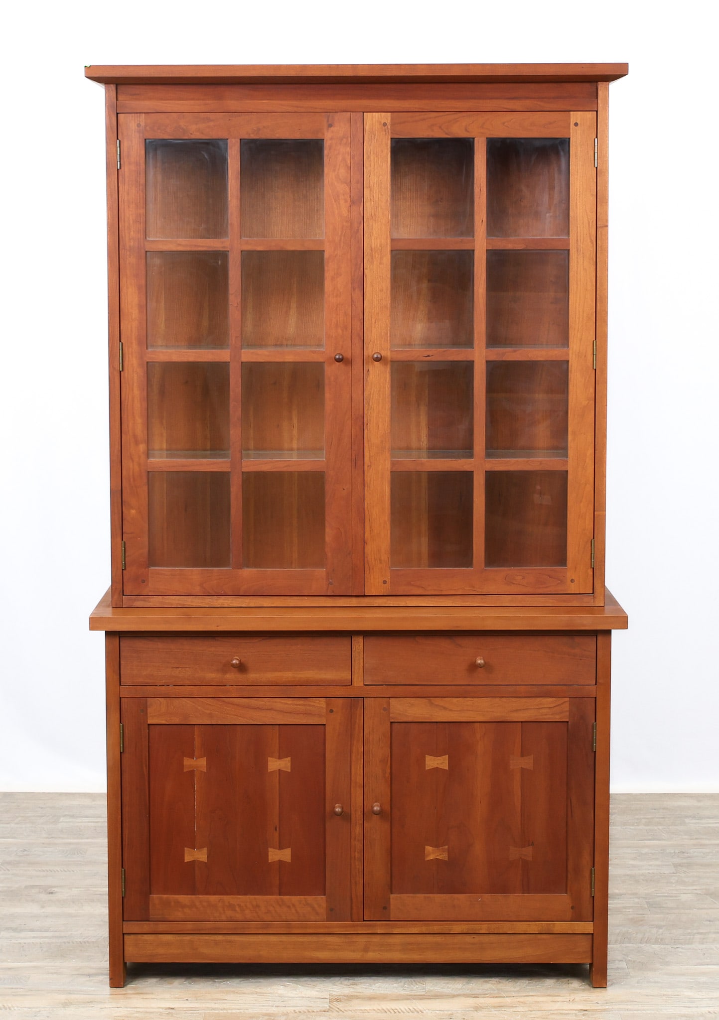 Stickley Mission Cherry Collection Buffet: 2-part hutch buffet with the top being the 91-728 China Top haing a chamfered cornice, two-eight glazed panel doors over the 91-1727 Buffet having two dovetail drawers over two doors with butterfly