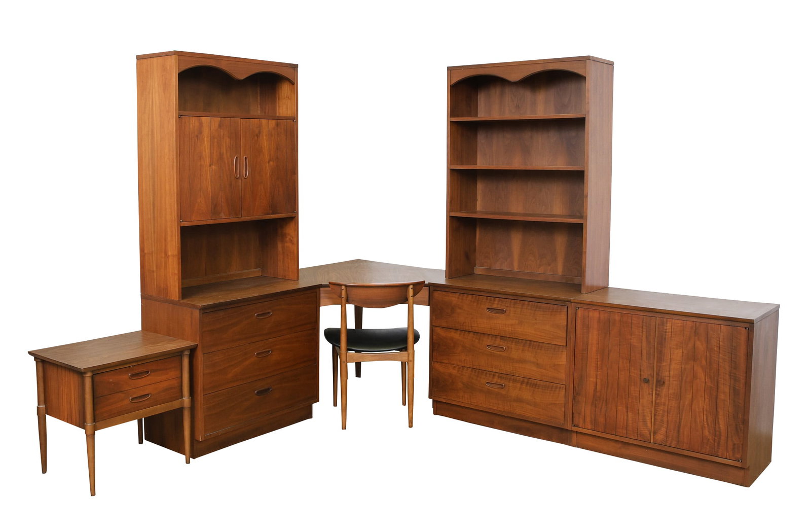 Lane "Reflection - Teen Mates" Bedroom Furniture: Modular bedroom furniture, bookmatched walnut with formica tops, some pieces with reeded accents, including a pair of no. 305-13 chests with three drawers (29"h x 32"w x 18"d), a no. 305-15 chest