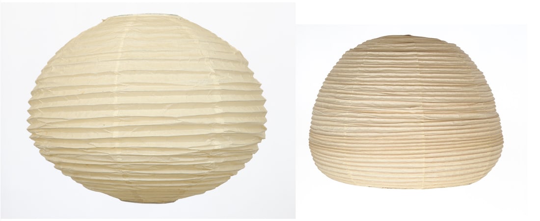Isamu Noguchi "Akari" Table Lamp Shade 1A With Complementing Piece: Washi paper over bamboo ribs with metal collar, designed by Noguchi, made by Ozeki, model 1A tripod table lamp shade, stamped sun & moon Japan logo, approx. 8"h x 10"w. Includes an Ozeki cardboard