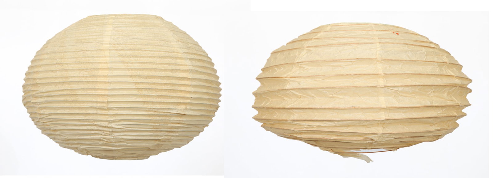 Isamu Noguchi "Akari" Pendant Light Shade 30F With Complementing Piece: Washi paper over bamboo ribs with metal collar, designed by Noguchi, made by Ozeki, model 30F, stamped sun & moon Japan logo, approx. 12"h x 12"w. Multiple tears, breaks, scotch tape repairs, and age