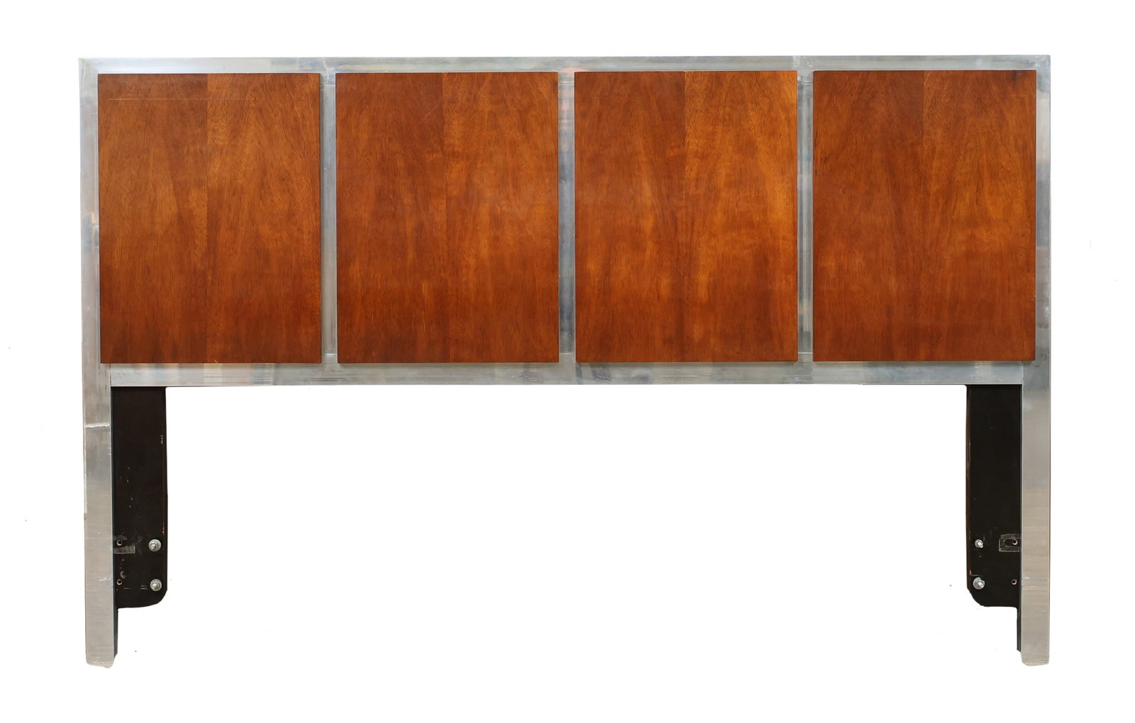 American of Martinsville Headboard: Walnut and chrome steel headboard for a queen size bed. Unmarked. Surface wear including scuffs/scratches, and pitting to the metal. 38"h x 60"w