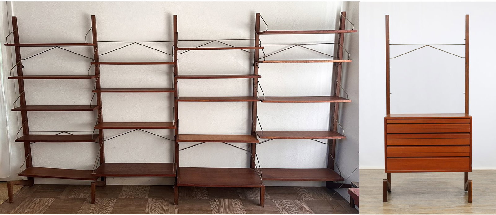 Poul Cadovius for Cado "Royal System" Modular Wall Unit: Danish Modern teak free standing modular wall unit including rails with Z-form bases (9 x 72"h), a chest unit with four graduated drawers (33"w x 16"d), and shelves (2 x 15.75"d, 7 x 9.5"d, 13 x