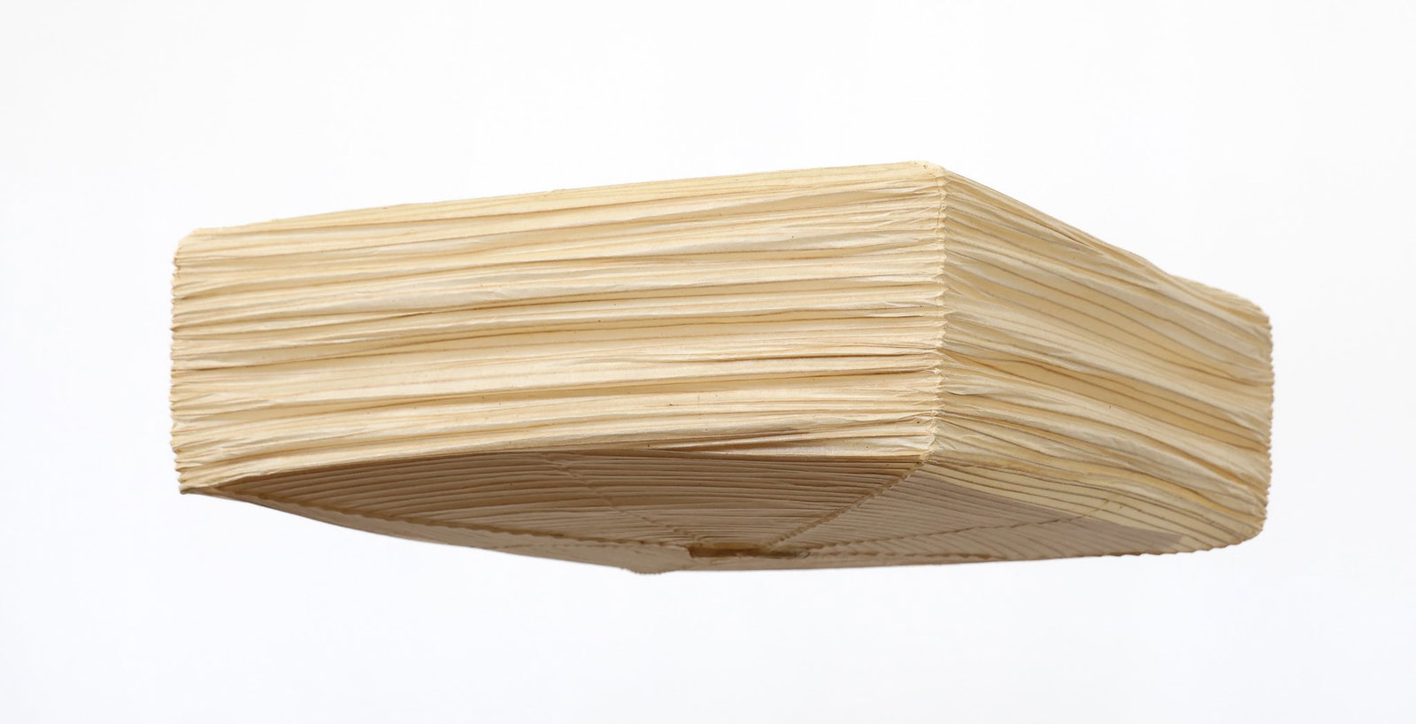Isamu Noguchi "Akari" Pendant Light Shade 17A: Washi paper over bamboo ribs with metal collar, designed by Noguchi, made by Ozeki. Stamped sun & moon Japan logo. Includes original Akari box and paperwork. Small tear at one corner; age patina. 9"h