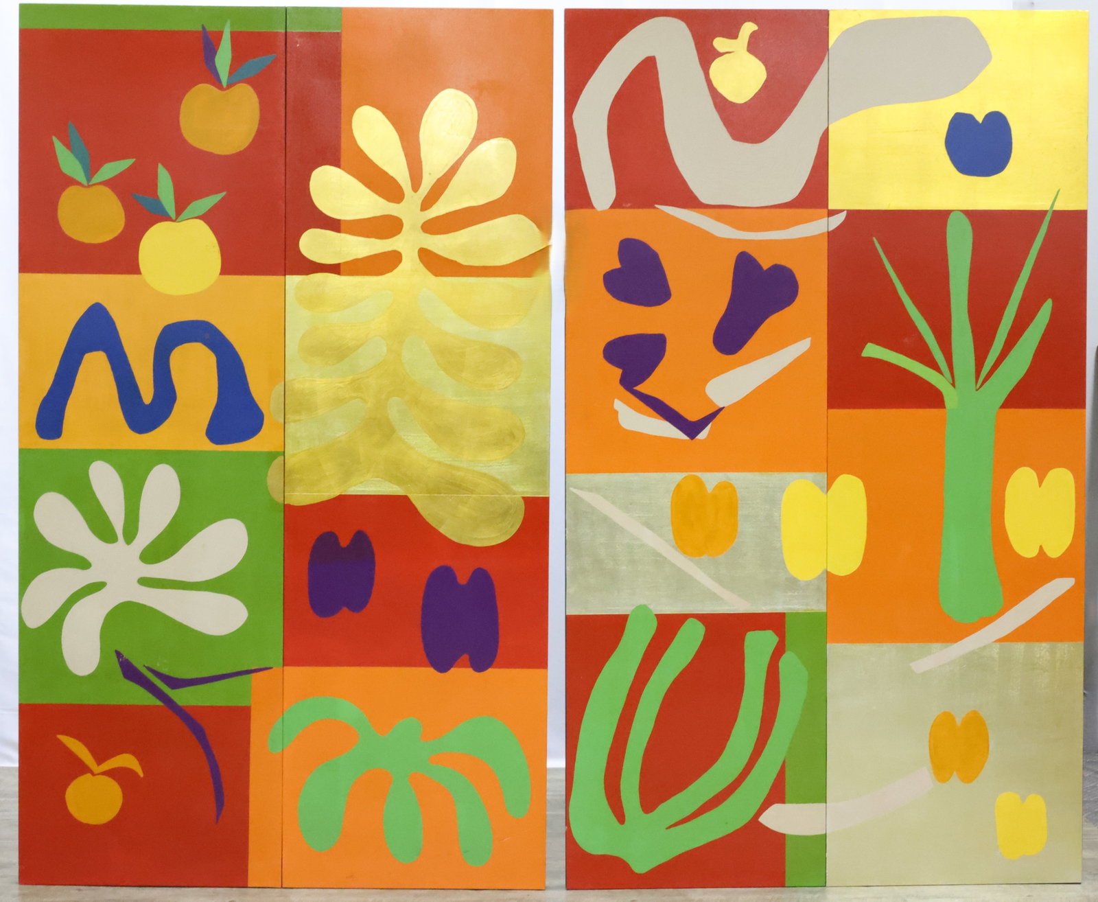David Guilmet (20th c.): Oil on hollow wood panels, signed and dated en verso, 1996. Noted Bucks County interior designer and artist. Stylized botanical and organic shapes—leaves, fruit, and abstract vegetation—in
