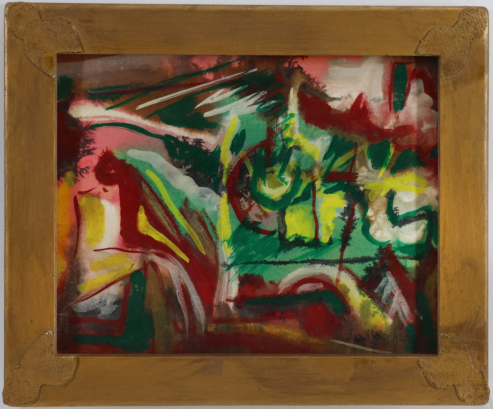 Joseph Meierhans (1890 - 1980): Oil on board, SLR. Abstract Expressionist composition. Housed in a period Joseph Meierhans frame.. 8"h x 10"w, framed 9.5"h x 11.5"w.