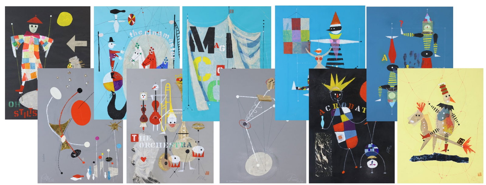 Wolfgang Roth (1910-1988): Collage and ink on paper (10), each signed and dated by the artist '72 and includes titles "Dancer", "Orchestra", "Ringmaster", "Ballerina", "Acrobat", "Magic Circus", "Oh Stilts" and 3 untitled.