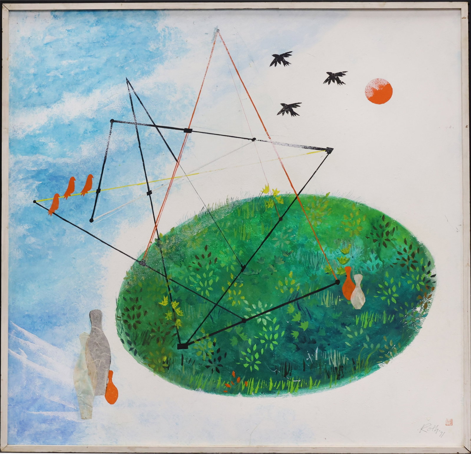 Wolfgang Roth (1910-1988): Mixed media collage on board, SDLR '71. Whimsical composition of a shaded blue sky with birds and a circular grassy plot with bowling pins. 48.5"h x 48.5" overall