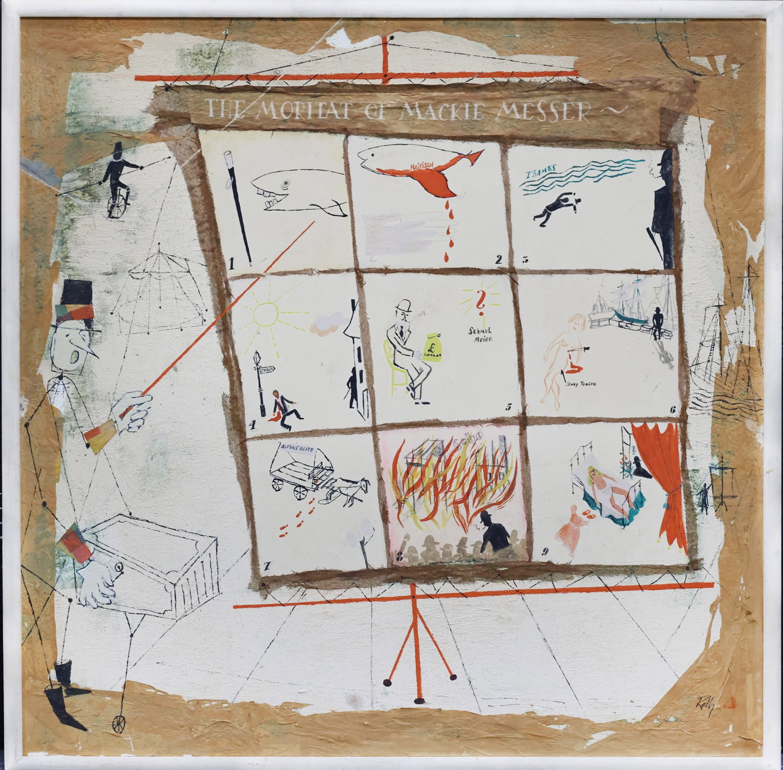 Wolfgang Roth (1910-1988): Mixed media and collage on board, "The Moritat of Mackie Messer" (The Ballad of Mack the Knife), SLR. Figure wearing a black hat and pointing to an illustration that tells the murderous storyline in