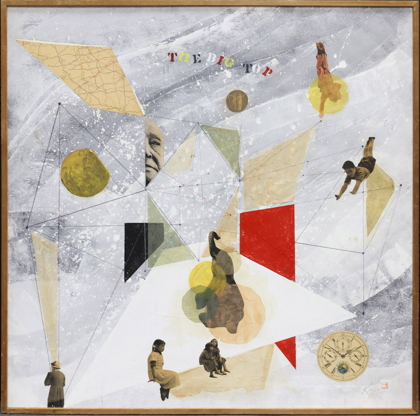 Wolfgang Roth (1910-1988): Mixed media and collage on board, "The Big Top", SDLR '71. Whimsical composition of flying shapes and figures, including an elephant and clock face. 48.5"h x 48.5" overall