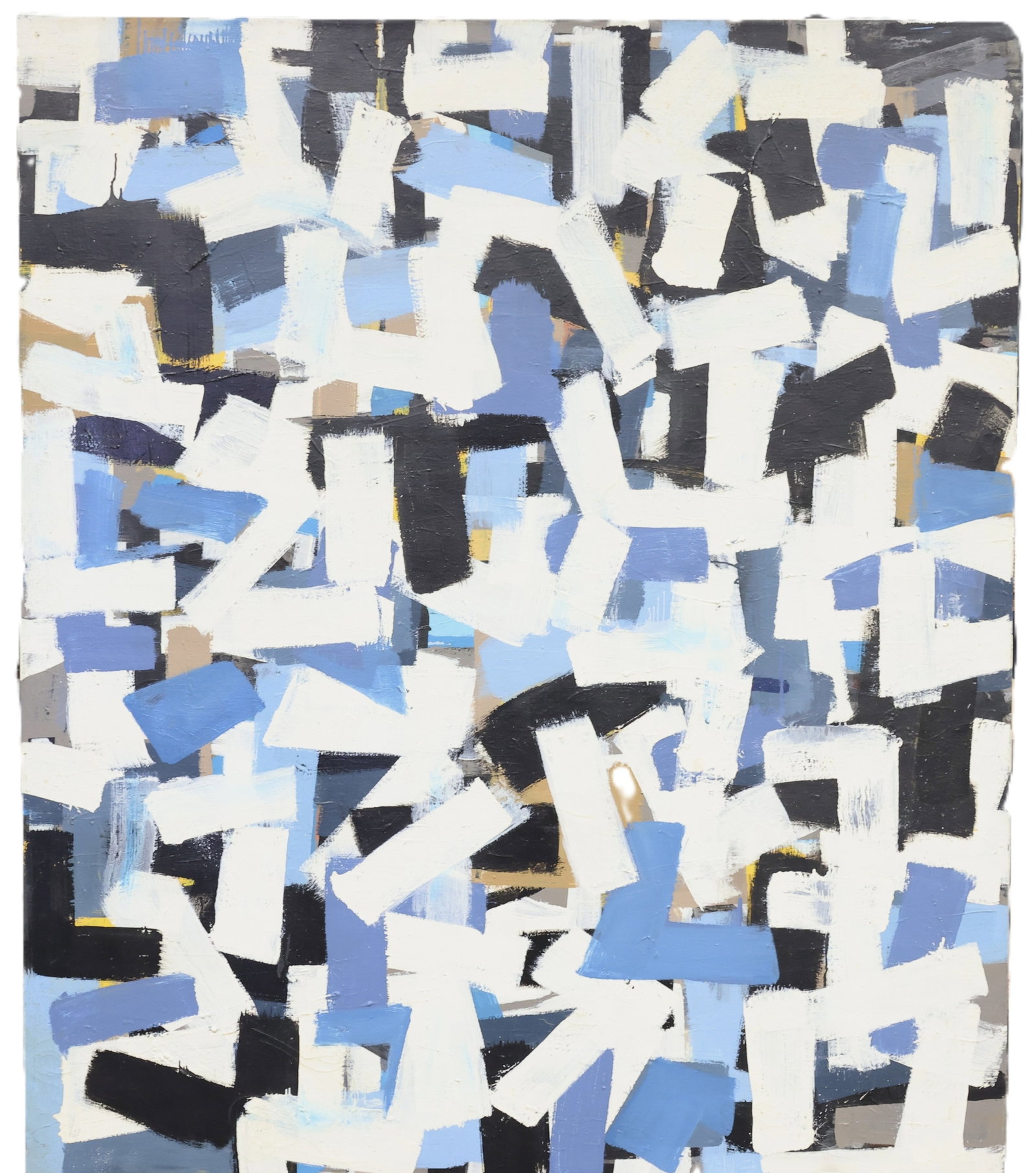 Louis Tavelli (1914-2010): Oil on canvas, unsigned by the artist. Part of the artist's "Large Brush Abstracts" series. Abstract composition completed in black, white, and blue. 56"h x 66"w unframed.