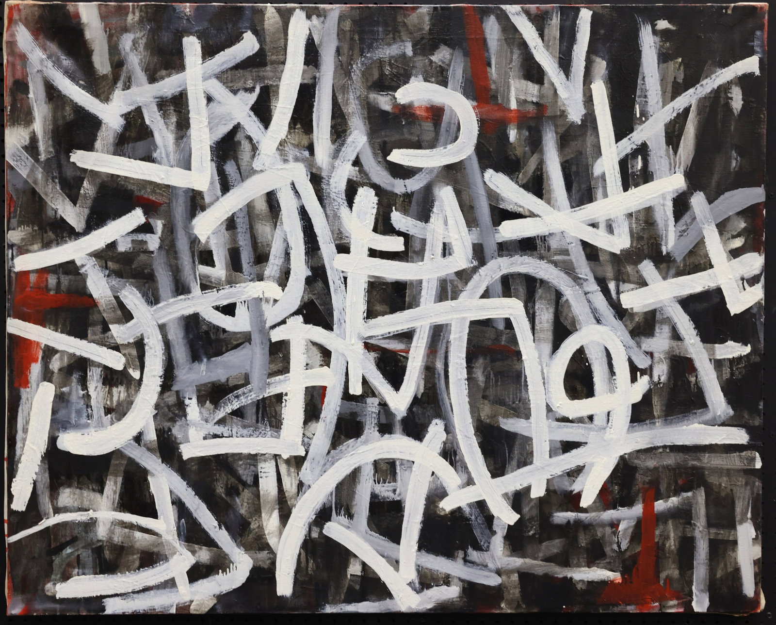 Louis Tavelli (1914-2010): Oil on canvas, unsigned. Abstract composition in black, white, gray, and red. 40"h x 50"w unframed.