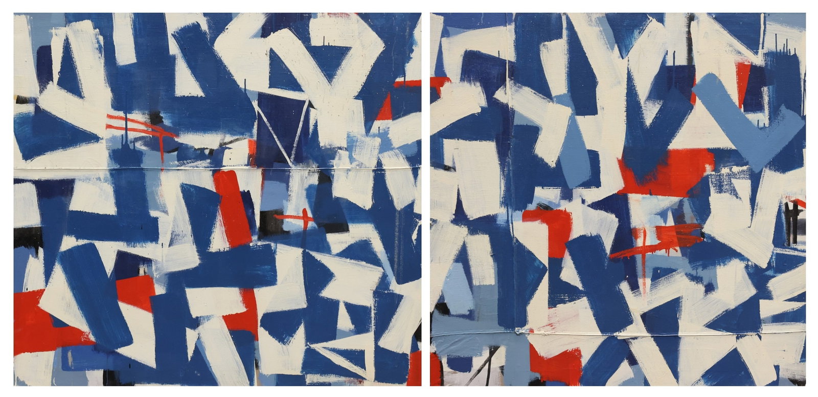 Louis Tavelli (1914-2010): Oil on canvas, unsigned by the artist. Part of the artist's "Large Brush Abstracts" series. Diptych abstract completed in blue, white, red, black, and light blue. Each canvas 56"h x 46"w unframed