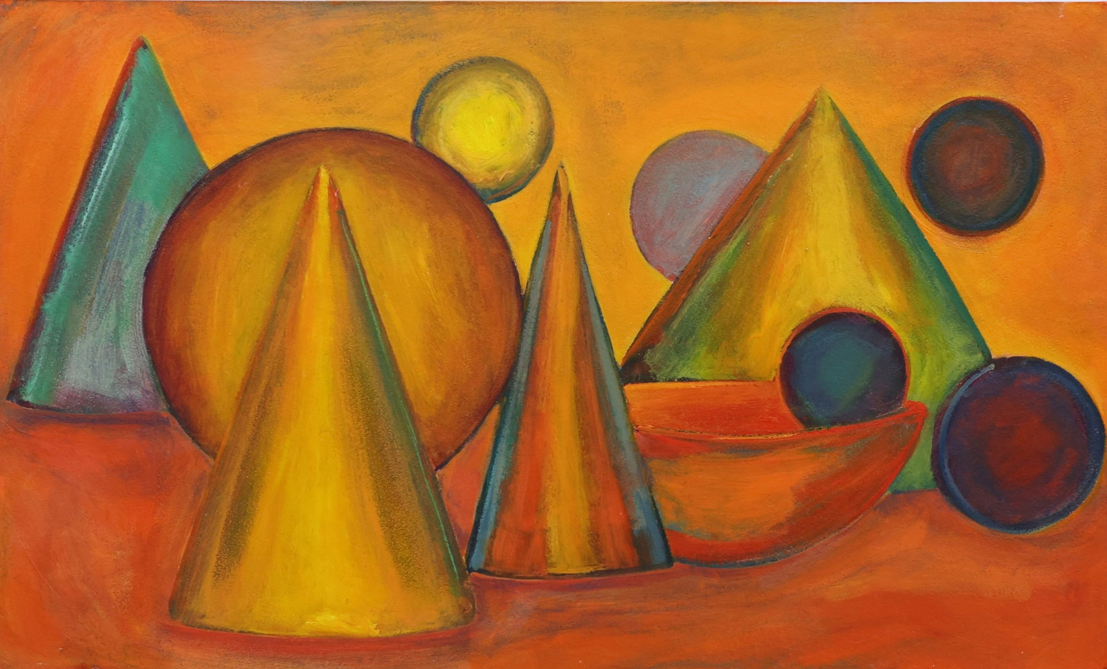 Dennis Will (20th/21st c.): Color pencil on paper and backed on wood panel, "Mark Sum No. 33", signed and dated en verso, 2000. Staggered conical and spherical shapes giving an overall dimensional appearance. 18"h x 30"w overall