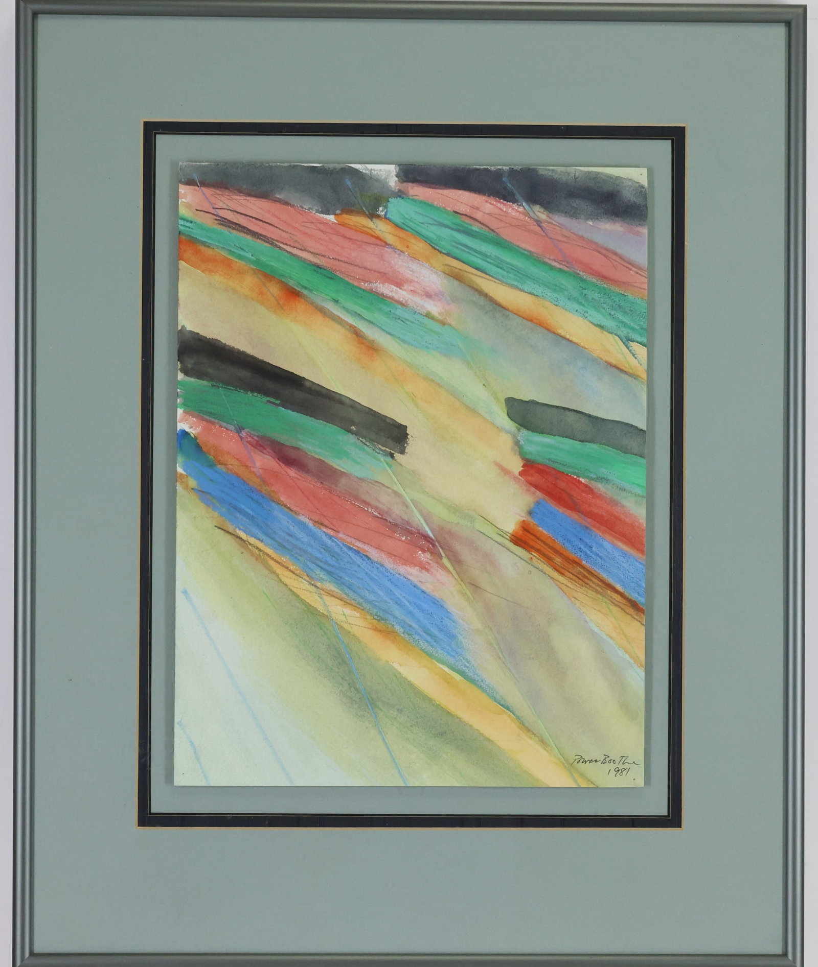 Power Boothe (b. 1945): Watercolor and ink, SDLR '81. Composition of broad strokes of color. 18.5"h x 15"w framed overall