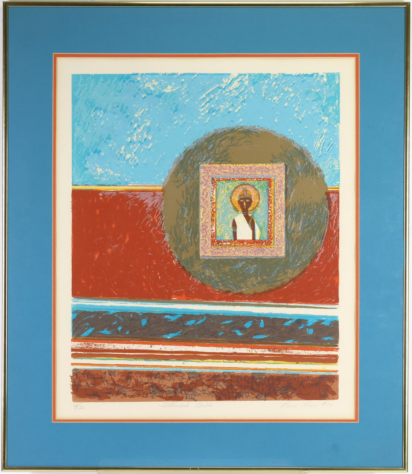 Paul Keene Jr (1920-2009): Limited edition print "Solomons Bride", pencil signed LR and numbered 5/30. Iconic center figure against backdrop of bands of blue, red and earthy brown. 26"h x 22.5"w framed