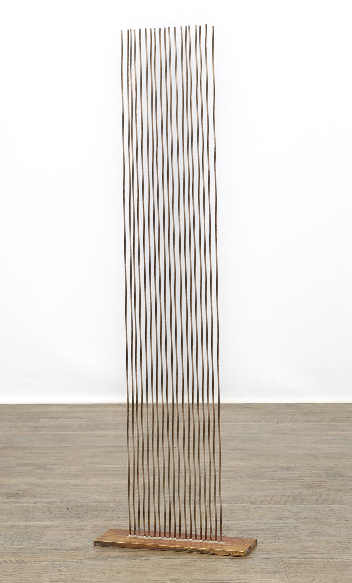 Val Bertoia (B. 1949): Sonambient sculpture No. B-3119, "Sounds Like Juneteenth", 19-silicon-bronze rods in line silvered to brass base, ca. 2026. 36"h x 11"w x 3.5"d