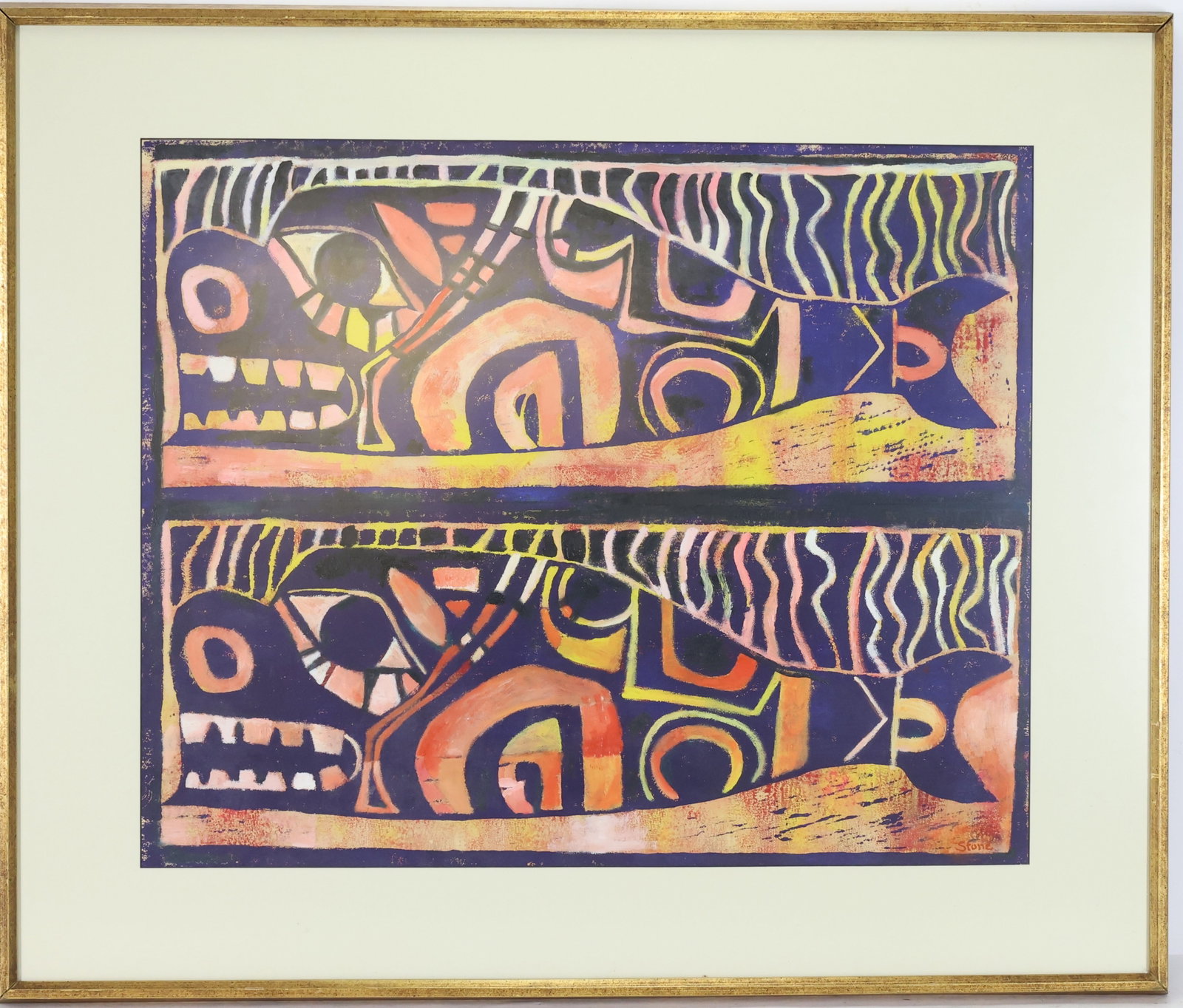 Louis K. Stone (1902–1984): Mixed media on paper, "untitled", SLR. Modernist composition of two stylized fish. Provenance: Rago Fine Art Auction, 2005. 19"h x 24"w sight and 27"h x 31.5"w framed