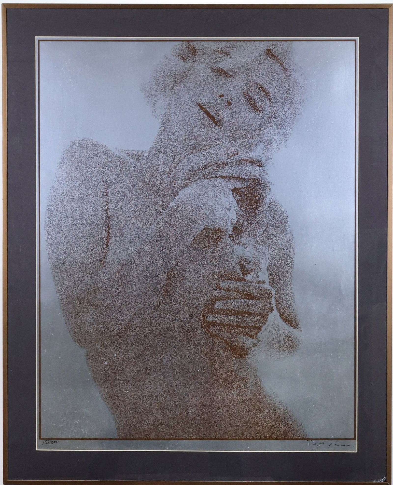 Bert Stern (1929 - 2013): Brown silkscreen on silver foil, "Roses Body Shot," image shot in 1962 and printed at a later date, SLR, numbered 158/300 lower left. Pop Art photographic portrait of Marilyn Monroe holding roses agai
