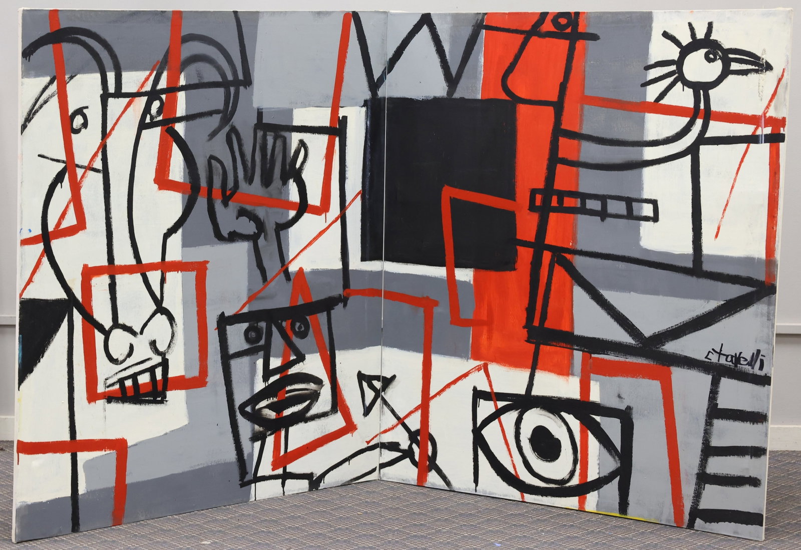 Louis Tavelli (1914-2010): Oil on canvas, signed center right. Part of the artist's "Altamira" series. Diptych abstract completed in black, red, gray, and white. Each 56"h x 46"w unframed.