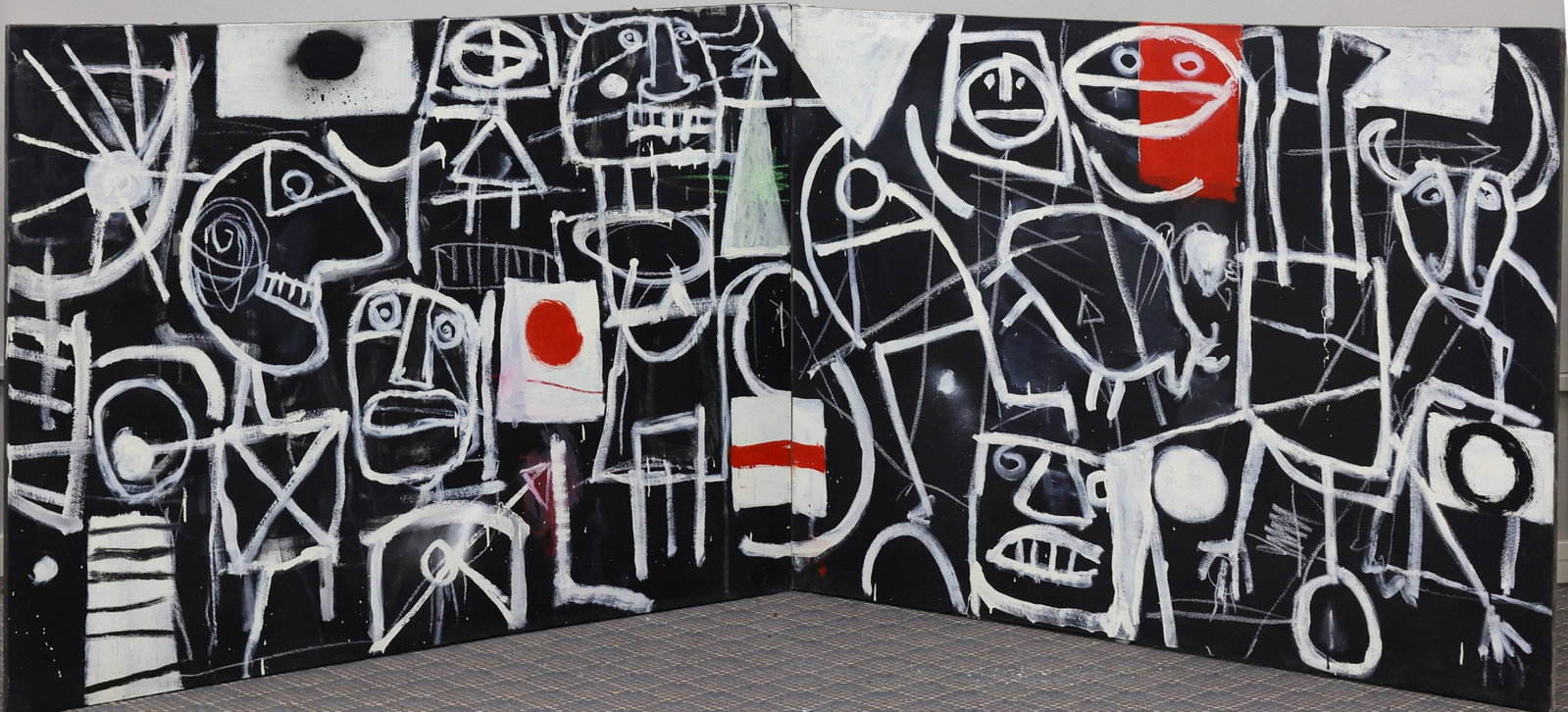 Louis Tavelli (1914-2010): Oil on canvas, unsigned by the artist. Part of the artist's "Paleolithic" series. Diptych abstract completed in black, white, and red. Each canvas 46"h x 58"w unframed.