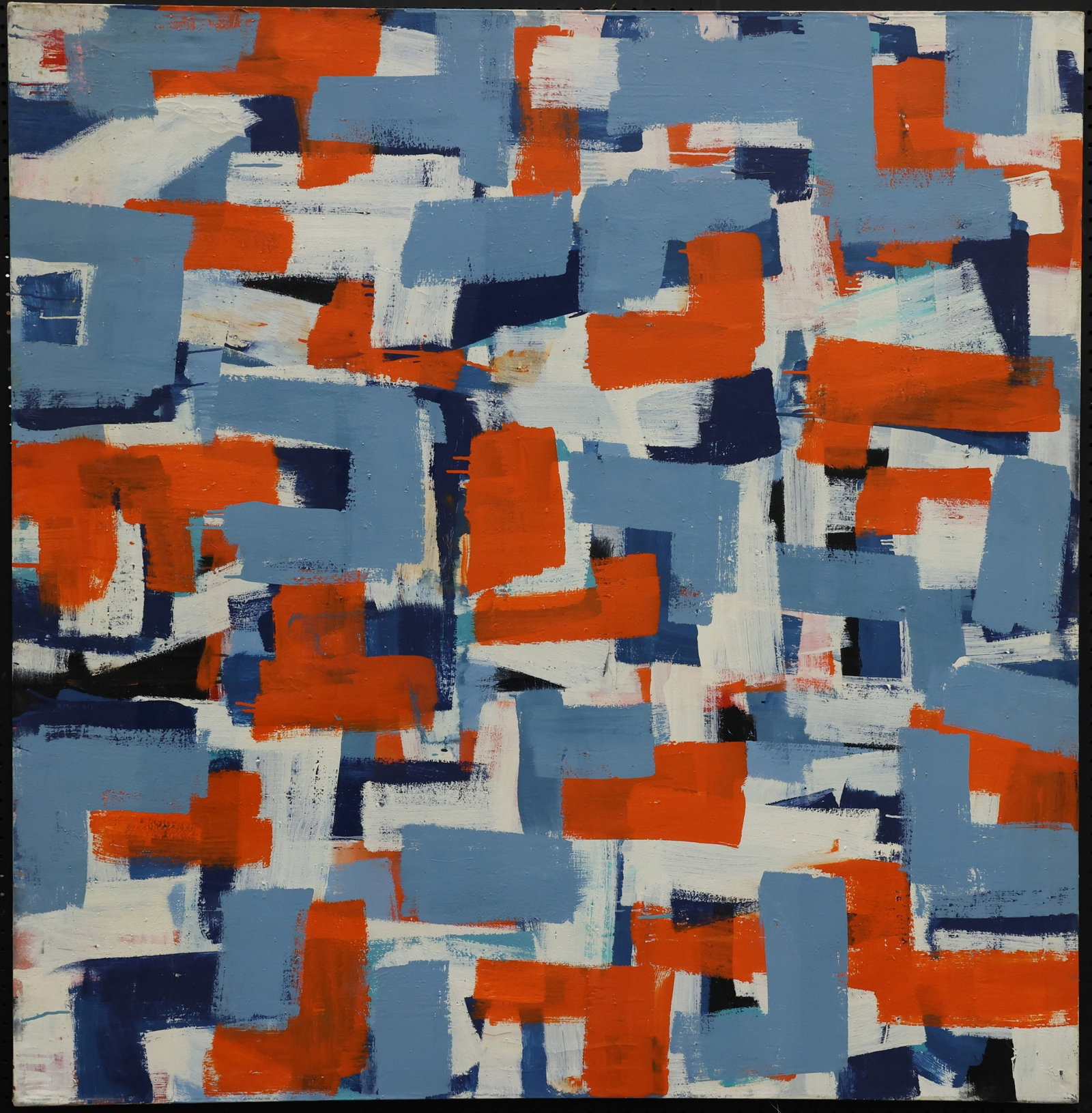 Louis Tavelli (1914-2010): Oil on canvas, unsigned by the artist. Part of the artist's "Large Brush Abstracts" series. Abstract completed in blue, red, white, black, and light blue. 58"h x 56"w unframed.