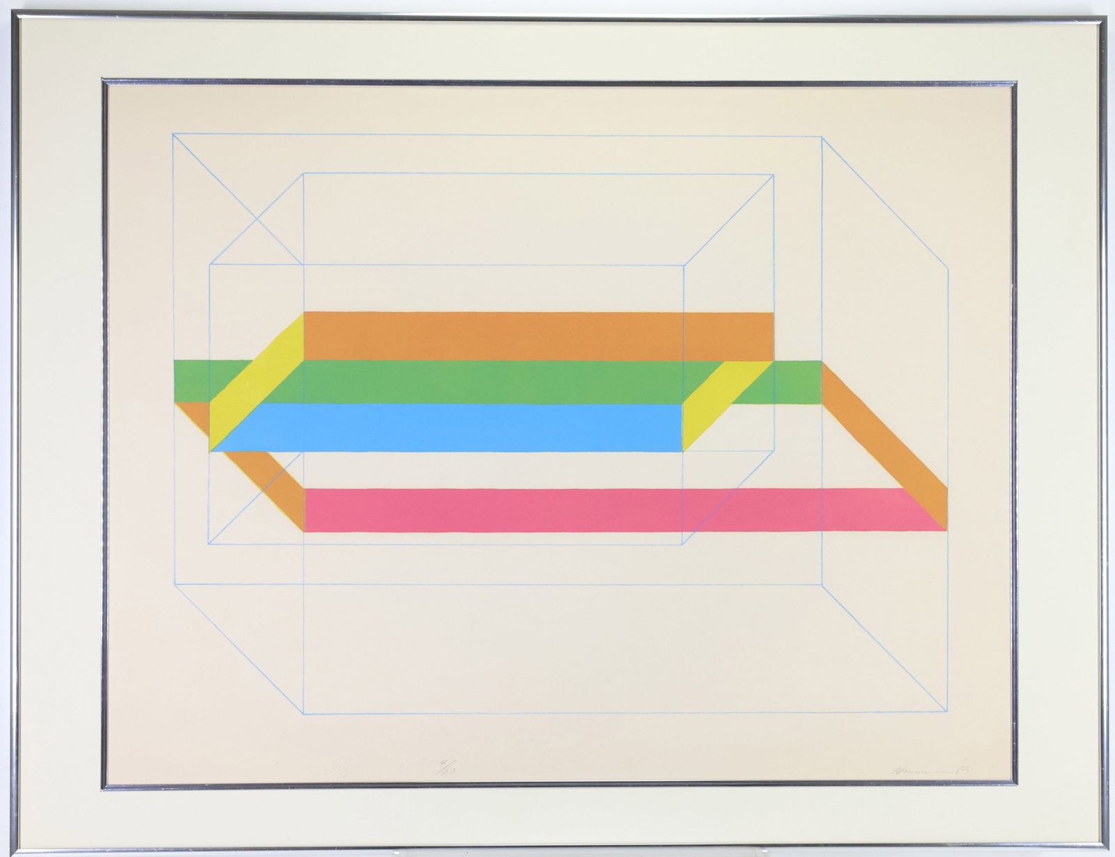 Charles Hinman (b. 1932): Color lithograph on Arches paper, "Untitled", SDLR '69, number 60 from edition of 70. Published by Graphics Studio, University of South Florida under Master Printer, Donald Saff. Embossed with stylize