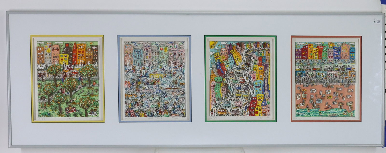James Rizzi (1950-2011): 3-dimensional serigraphs of the four seasons, "Fall", "Winter", "Spring" "Summer", each pencil signed and numbered 38/250. Pop Art composition of seasonal characteristic in an urban landscape. 18"h x 