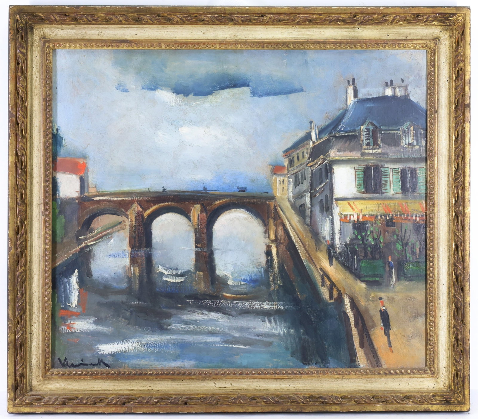 Maurice de Vlaminck (1876 - 1958): Oil on canvas, SLL. Townscape with an arched bridge spanning a canal and figures along the waterfront. 21"h x 25"w and 26"h x 30"w framed