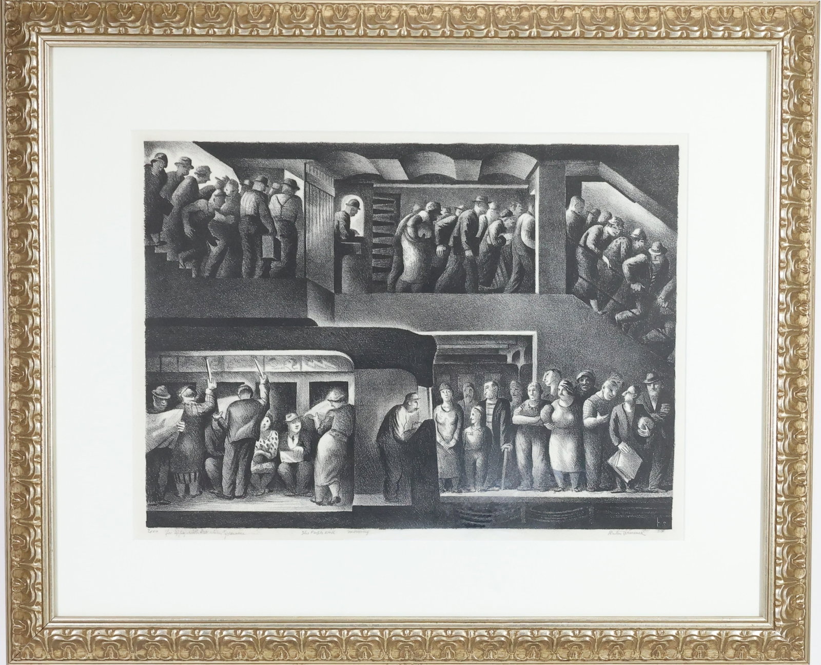 Benton Spruance (1904-1967): Lithograph, "The People Work – Morning" (1937), pencil signed lower right. Social Realist composition with workers and commuters moving through an urban transit station. Sight: 14"h x 19"w, framed: