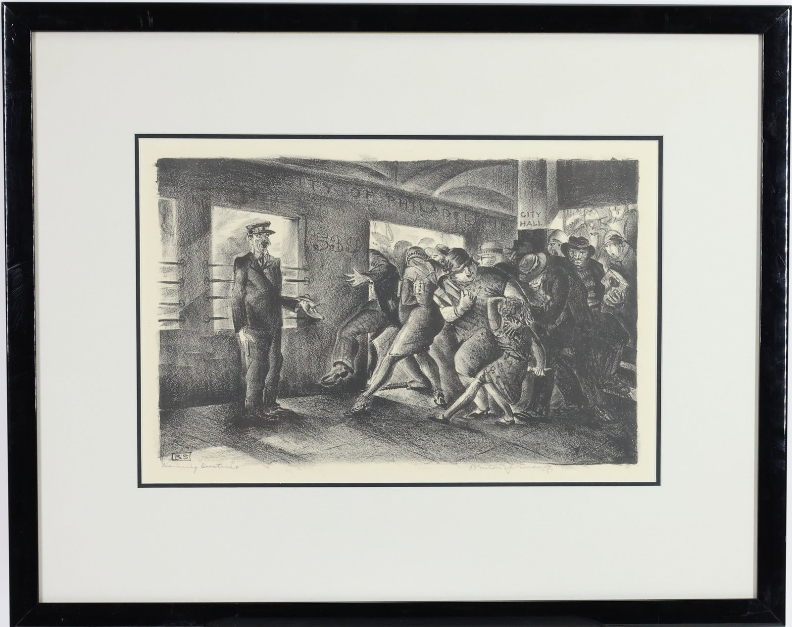 Benton Spruance (1904-1967): Lithograph, "Homing Instinct," pencil signed lower right. Modernist depiction of passengers boarding a traincar, with a uniformed conductor gesturing toward the entrance. Sight: 9.75"h x 14.75"w,