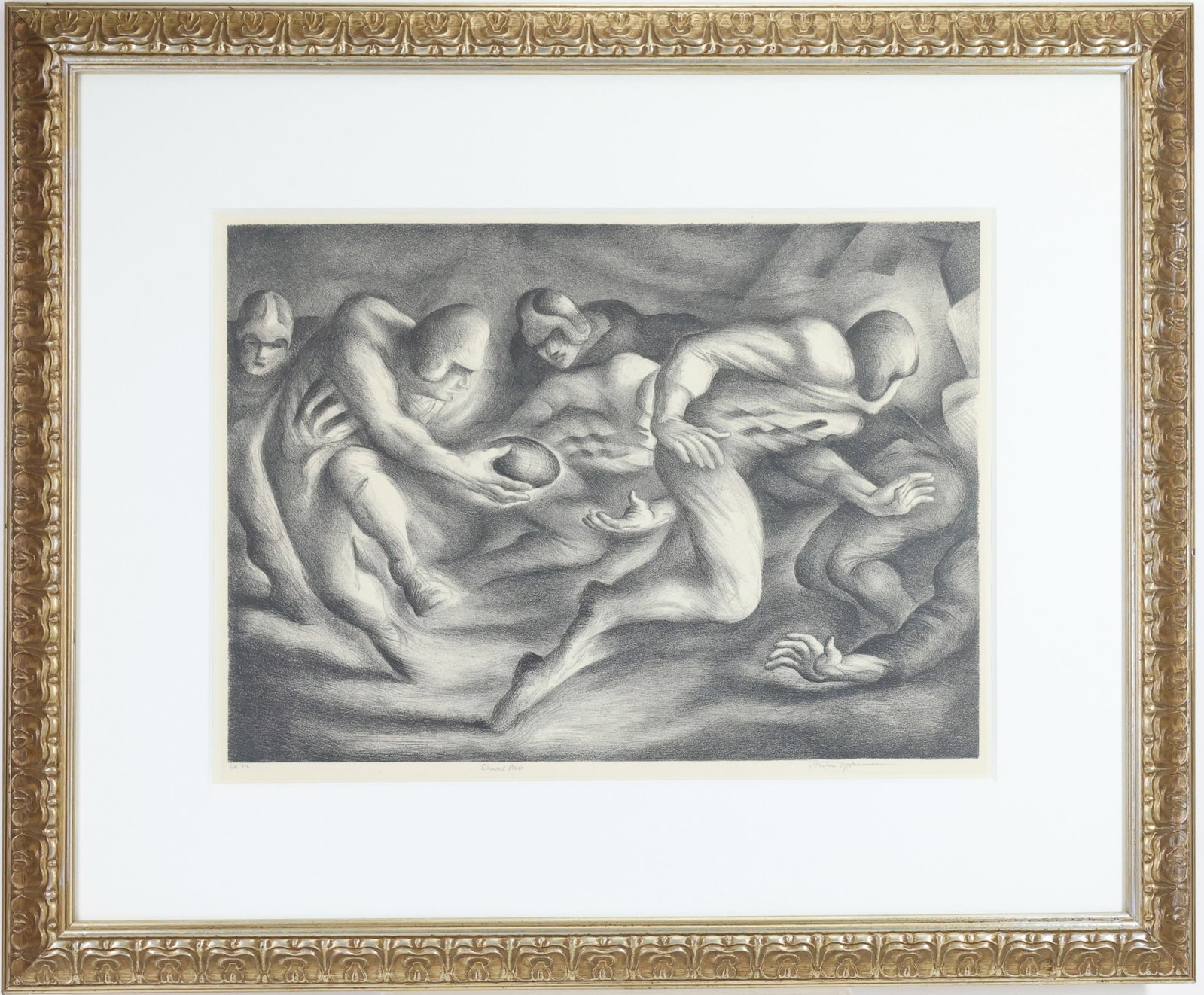 Benton Spruance (1904-1967): Lithograph, "Shovel Pass," pencil signed lower right. Modernist depiction of a football play with players in motion centered around a shovel pass. Sight: 14"h x 19"w, framed: 24.5"h x 29.5"w.