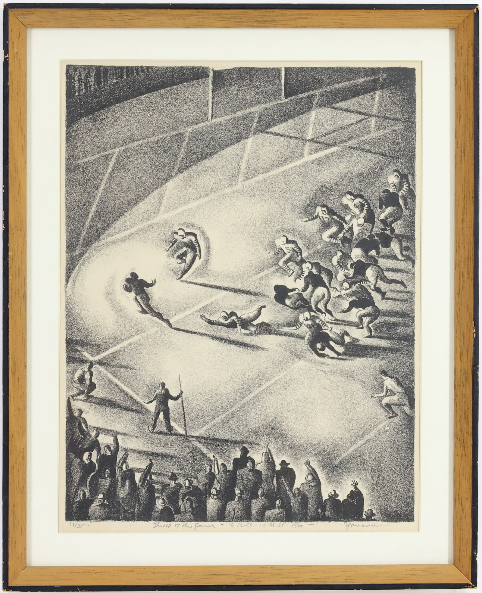 Benton Spruance (1904-1967): Lithograph, "Thrill of the Game," signed in pencil lower right, Modernist depiction of a football play as a ball carrier is about to score under stadium lights. Sight: 11.5"h x 8.5"w, framed: 14.5"h