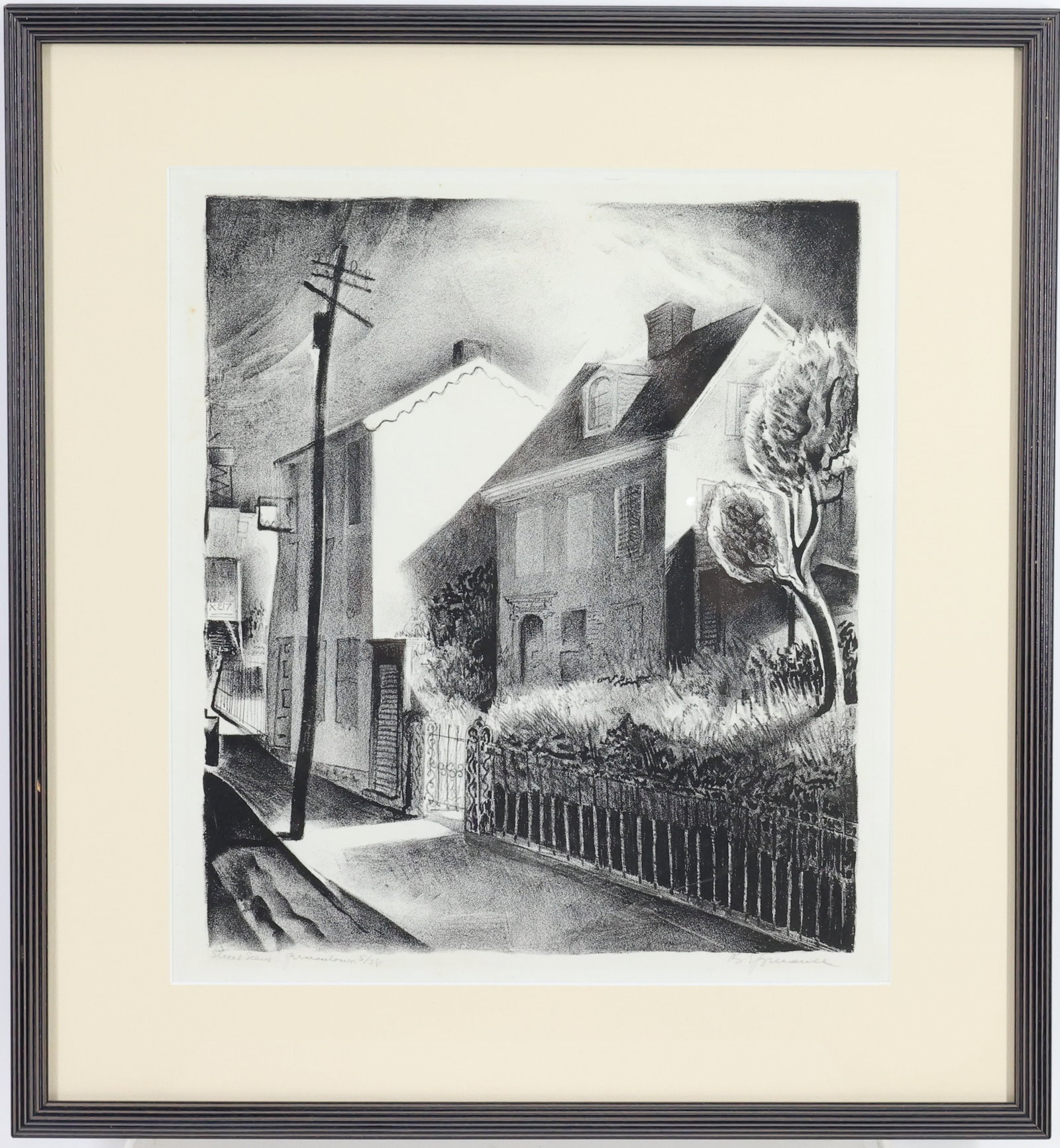Benton Spruance (1904-1967): Lithograph, "Street Scene – Germantown, 1931," pencil signed lower right. Realist composition of a residential streetscape with row houses, a telephone pole, and fenced front gardens. Sight: 12"h x 