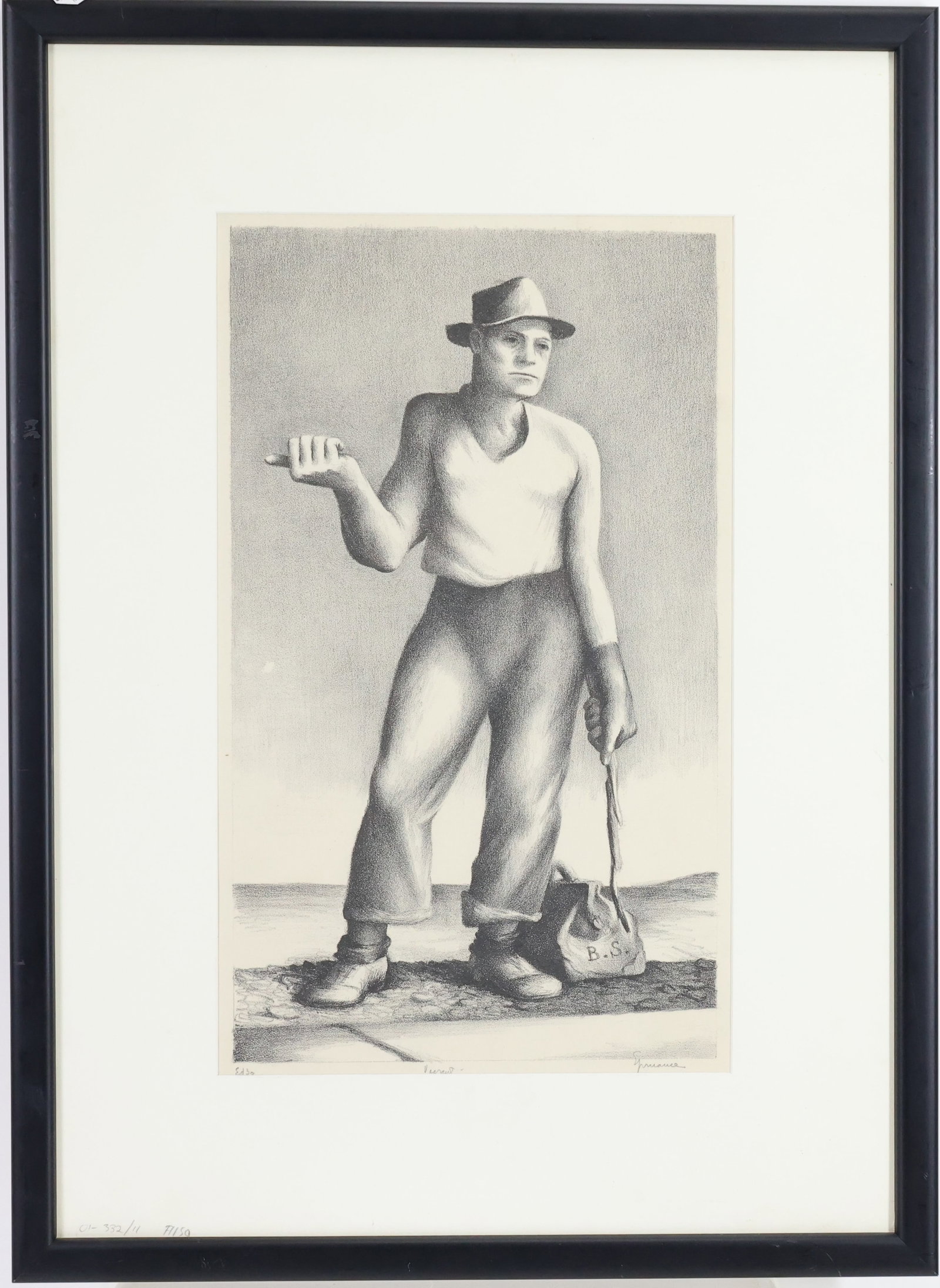 Benton Spruance (1904-1967): Lithograph, "Vagrant," pencil signed lower right. Modernist depiction of a solitary figure holding a bindle over one shoulder. Sight: 14.5"h x 9"w, framed: 22"h x 16"w.