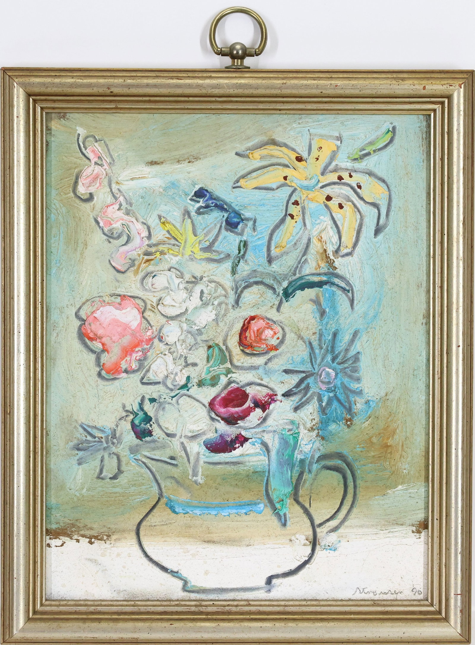 Sterling Strauser (1907-1995): Oil on board, "Flowers in a Pitcher", SDLR '90. Modernist still life of a vase of flower. 10"h x 8"w and 11.5"h x 9.5"w framed