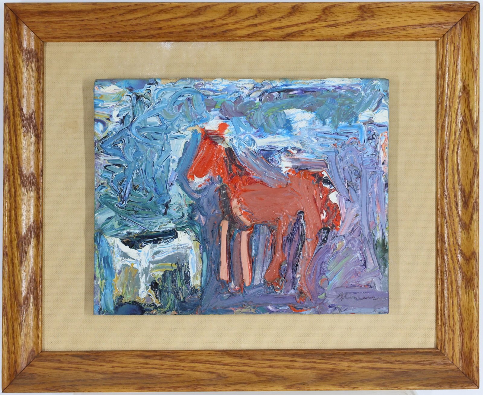 Sterling Strauser (1907-1995): Oil on board, "Red Horse" (1962), SLR. Expressionist composition with a red horse emerging from a vibrant blue background. Verso bears the artist's original handwritten label identifying the work as
