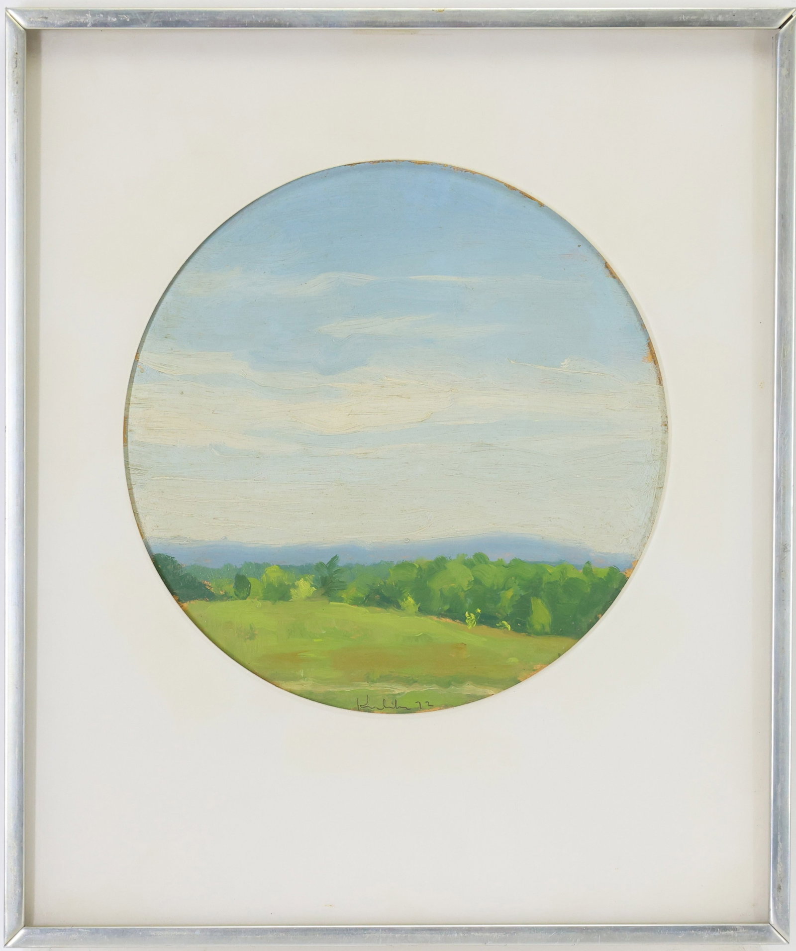 Robert Moore Kulicke (1924 - 2007): Oil on board, SLC. Impressionist landscape with rolling green field, distant tree line, and cloud filled sky. 8.5" round sight and 14.5"h x 12"w framed.