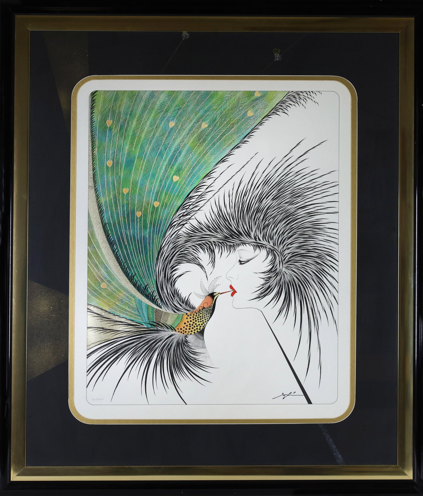 Hisashi Otsuka (Japanese, b.1947): Lithograph in colors, "Royal Kiss," signed in pencil and numbered 2127/3000. Art Deco female figure kissing a bird of paradise with elaborate plumage. 39"h x 34"w framed