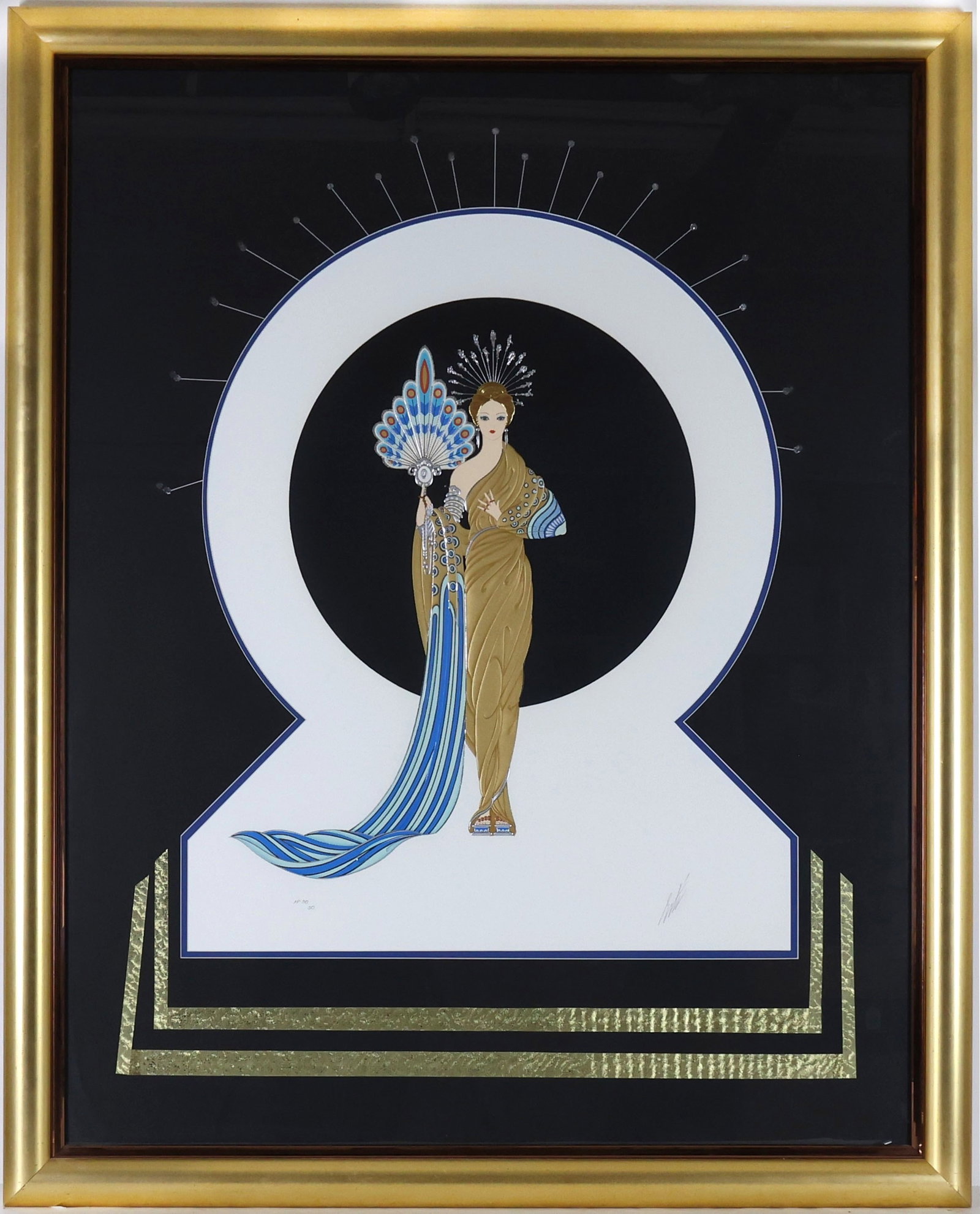 Romain (Erte) De Tirtoff (1892 - 1990): Screenprint in colors with metallic embossing on wove paper, "Athena" (L. 96), 1986, signed in pencil and numbered AP 50/50. Art Deco female figure with fan and elaborate headdress; with added decorat