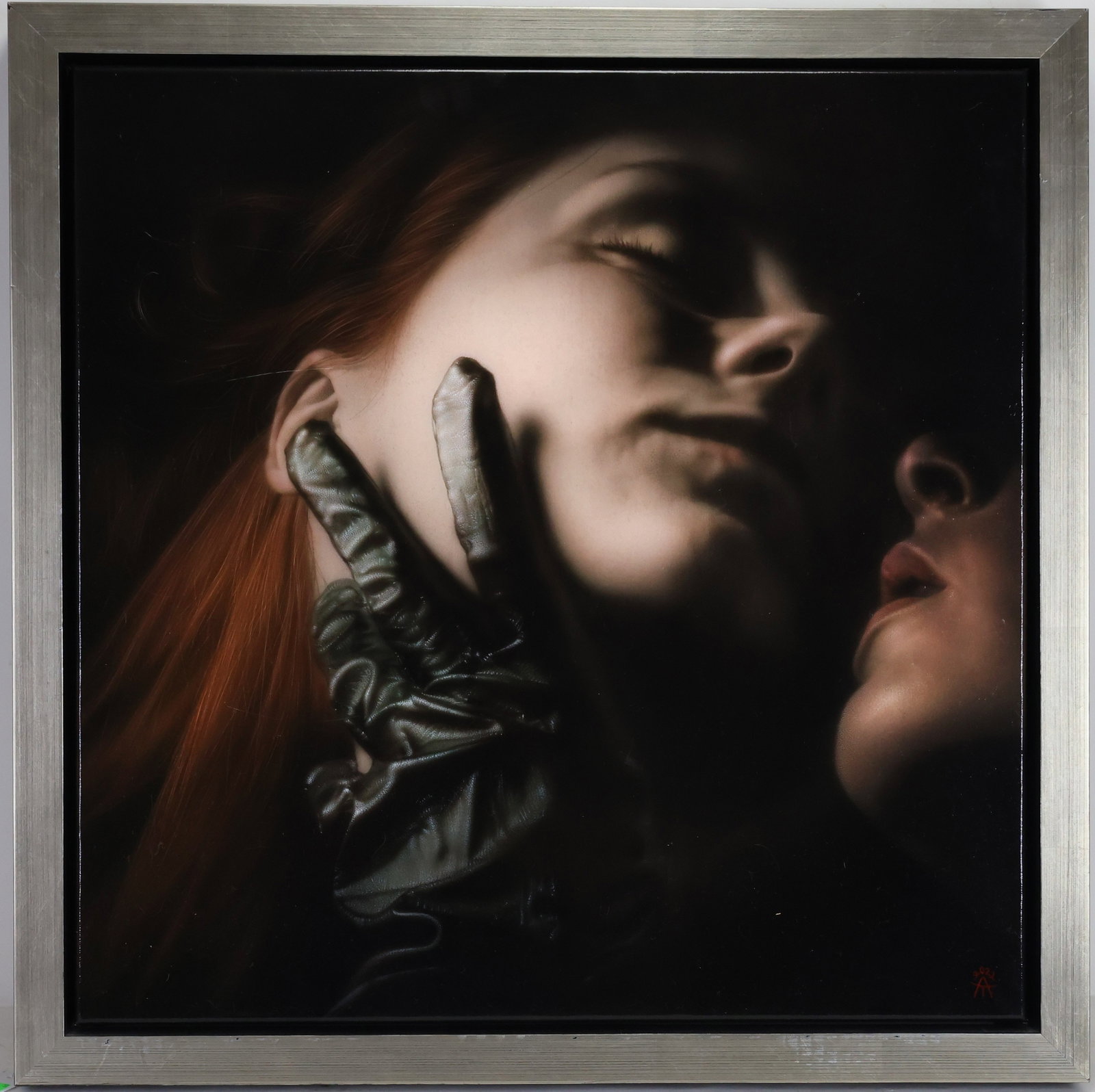 Alexander Timofeev (b. 1971): Acrylic on canvas, “Opium I,” 2022, SLR and signed and inscribed en verso. Contemporary figural composition with two women in an intimate, dramatically lit scene. 21"h x 21"w and 26.25"h x 26.
