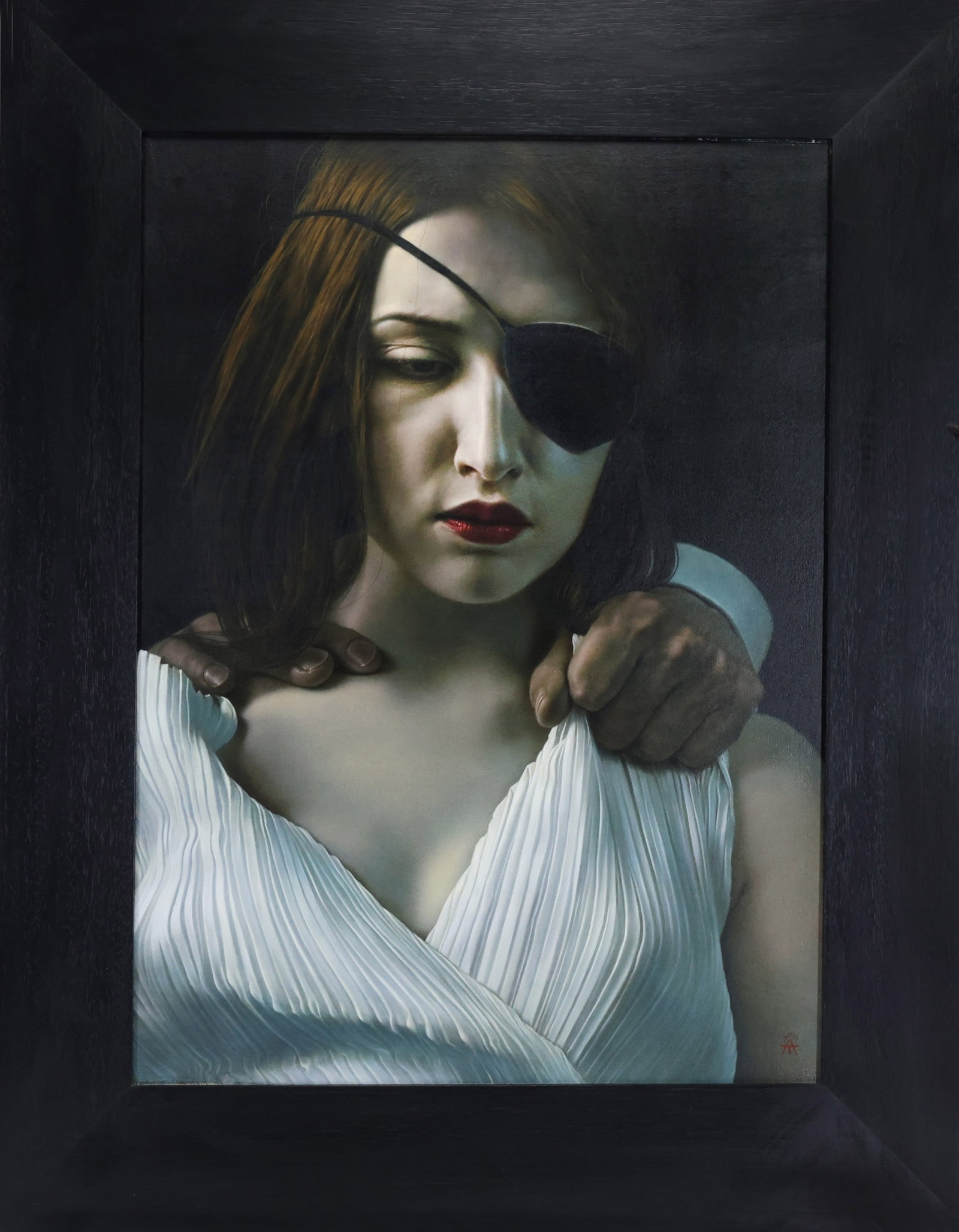 Alexander Timofeev (b. 1971): Oil on canvas, SLR. Contemporary realist portrait of a somber and withdrawn woman with a pair of restraining hands on her shoulders. 28"h x 20"w and 35"h x 27"w framed.