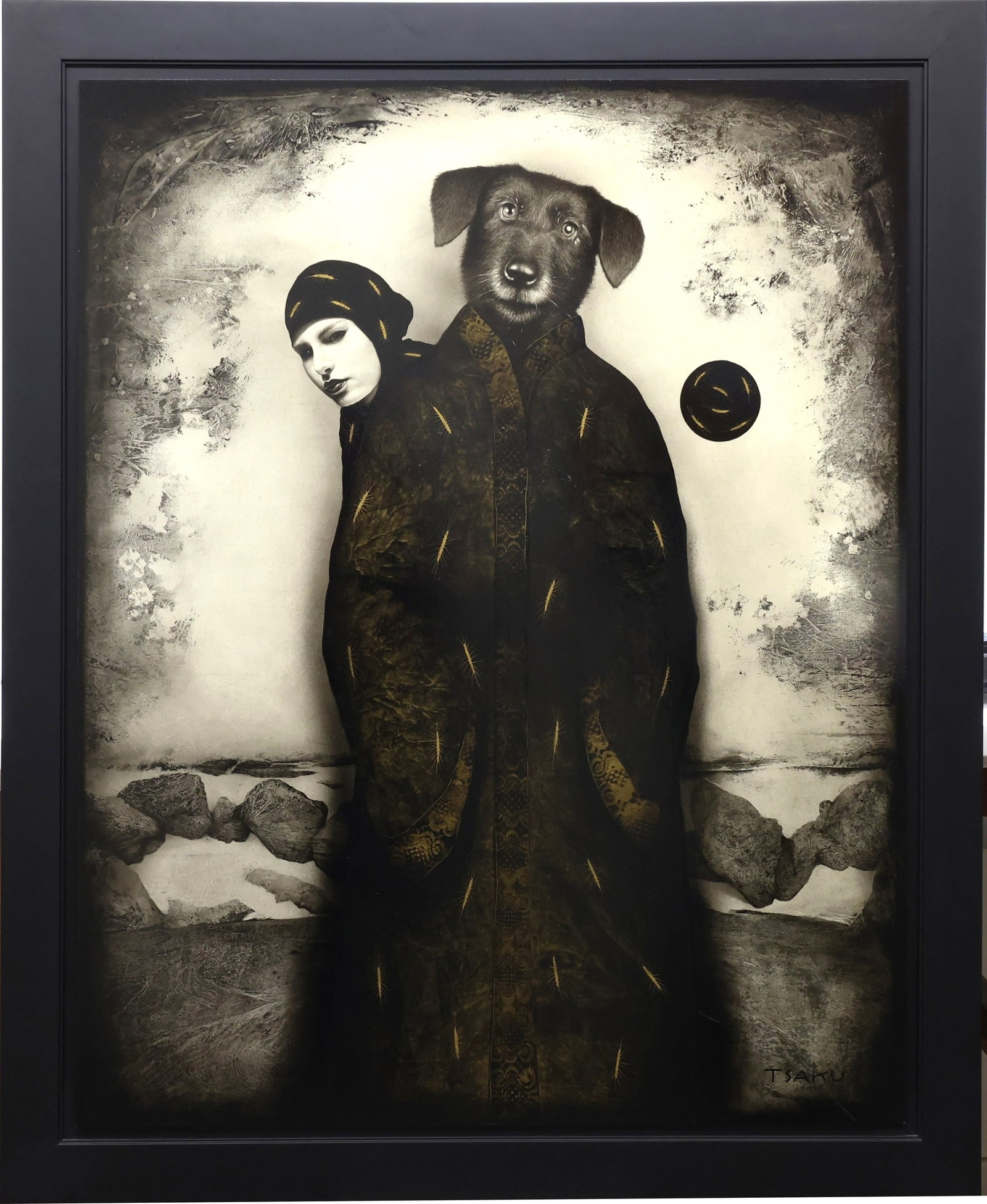 Timur Tsaku (b. 1971): Oil and acrylic on panel, "Haiya Kdusha and Woman," 2003, SLR. Surrealist composition with an anthropomorphic dog headed figure and woman in dark robes. Arcadia Fine Arts, Inc., New York label en