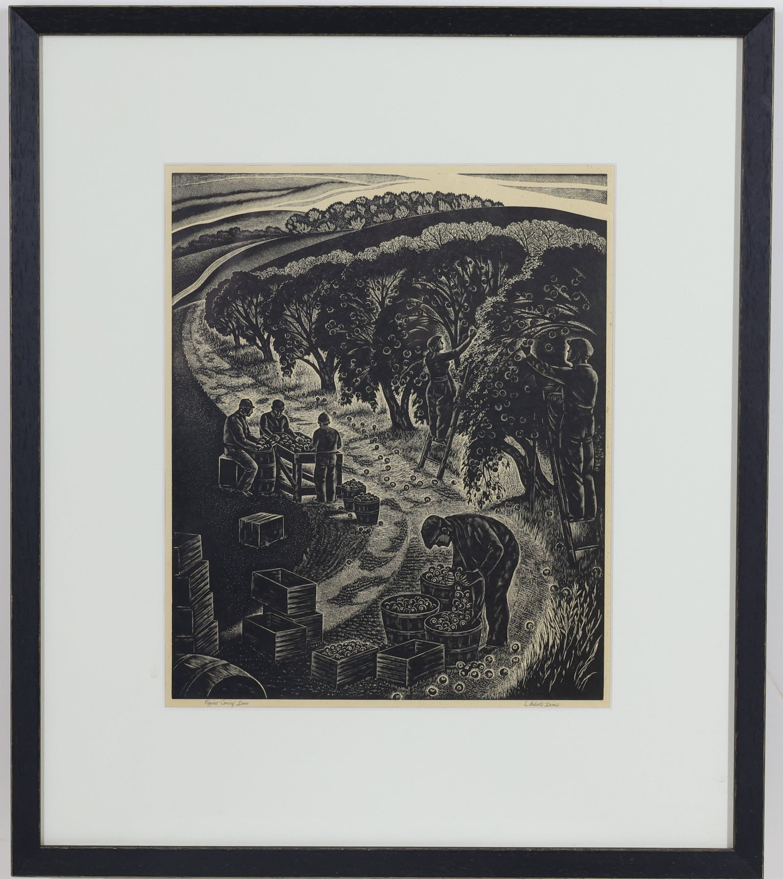 E. Hubert Deines (1894-1967): Woodblock print, "Pippins Coming Down", pencil signed lower right. Workers picking fruit in an orchard. 18"h x 15.5"w framed